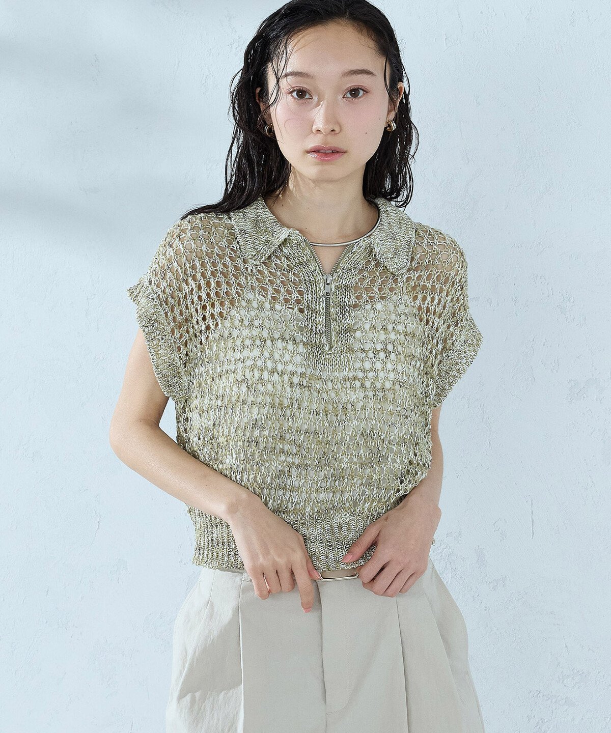 【SALE／30%OFF】COMME CA ISM ミックスカラーメッシュ 襟付きジップニット コムサイズム トップス ニット ブラウン グリーン ネイビー【送料無料】
