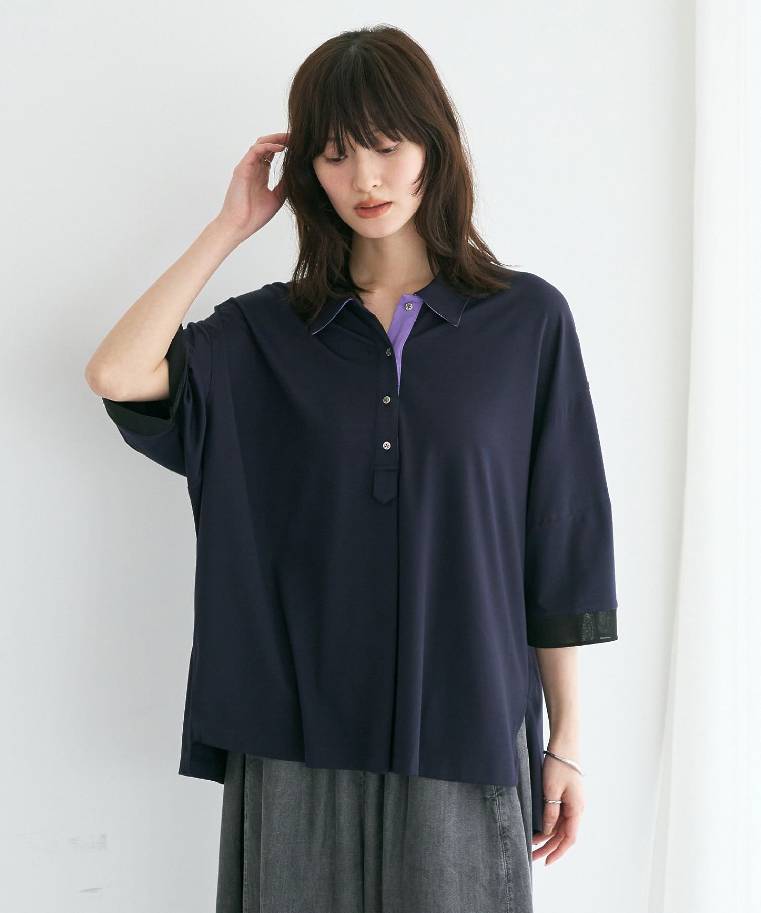 YECCA VECCA 袖口シアーポロカットソー イェッカヴェッカ トップス カットソー・Tシャツ ネイビー ブラウン ブラック