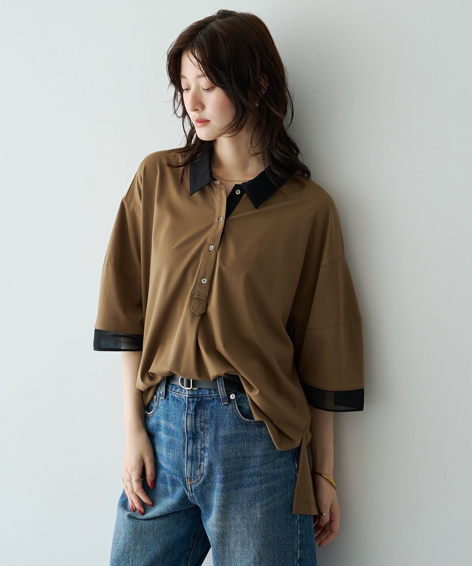 YECCA VECCA 袖口シアーポロカットソー イェッカヴェッカ トップス カットソー・Tシャツ ネイビー ブラウン ブラック