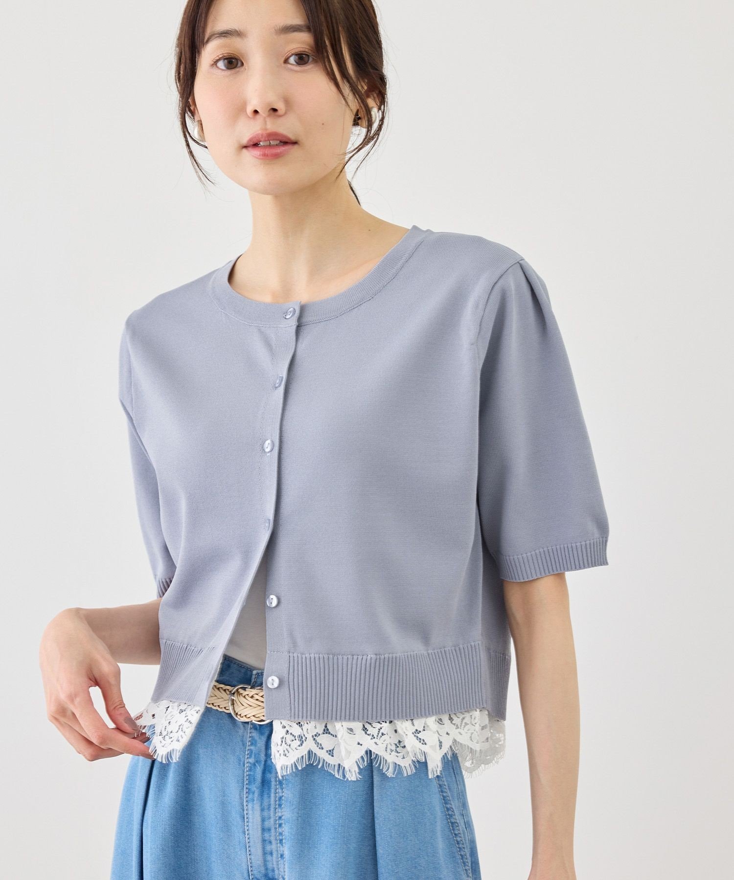 ROPE' PICNIC 裾レースドッキングハーフスリーブカーディガン ロペピクニック トップス カーディガン ベージュ ブラック ブルー【送料無料】