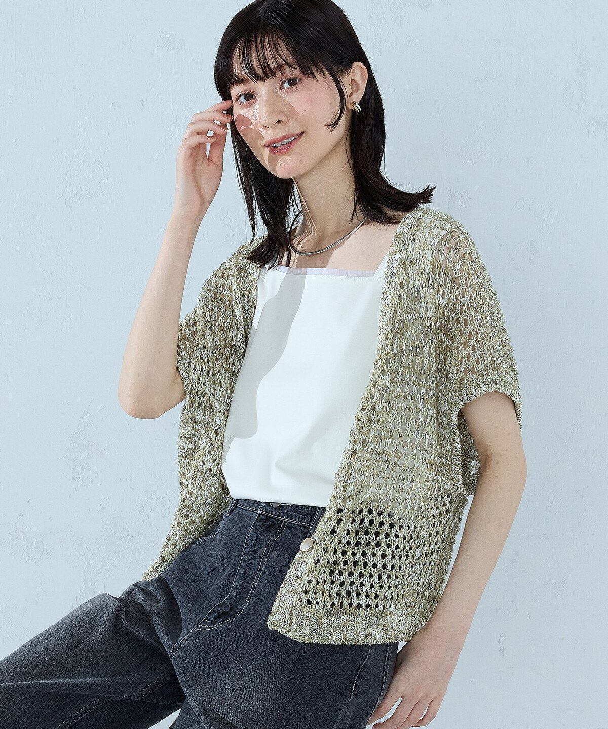 ミックスカラーメッシュ ボタンベスト コムサイズム トップス ニット ブラウン ネイビー グリーン