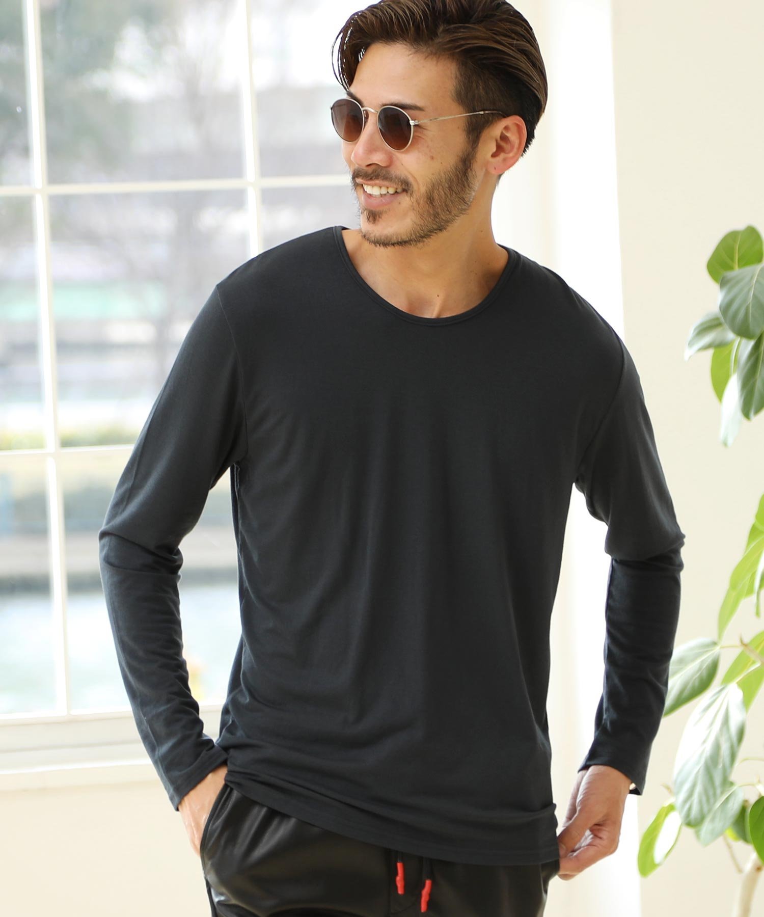JIGGYS SHOP SELECT ストレッチ Uネック 無地 長袖 Tシャツ カットソー 26SS ジギーズショップ トップス カットソー・Tシャツ グレー ブラック ホワイト ネイビー