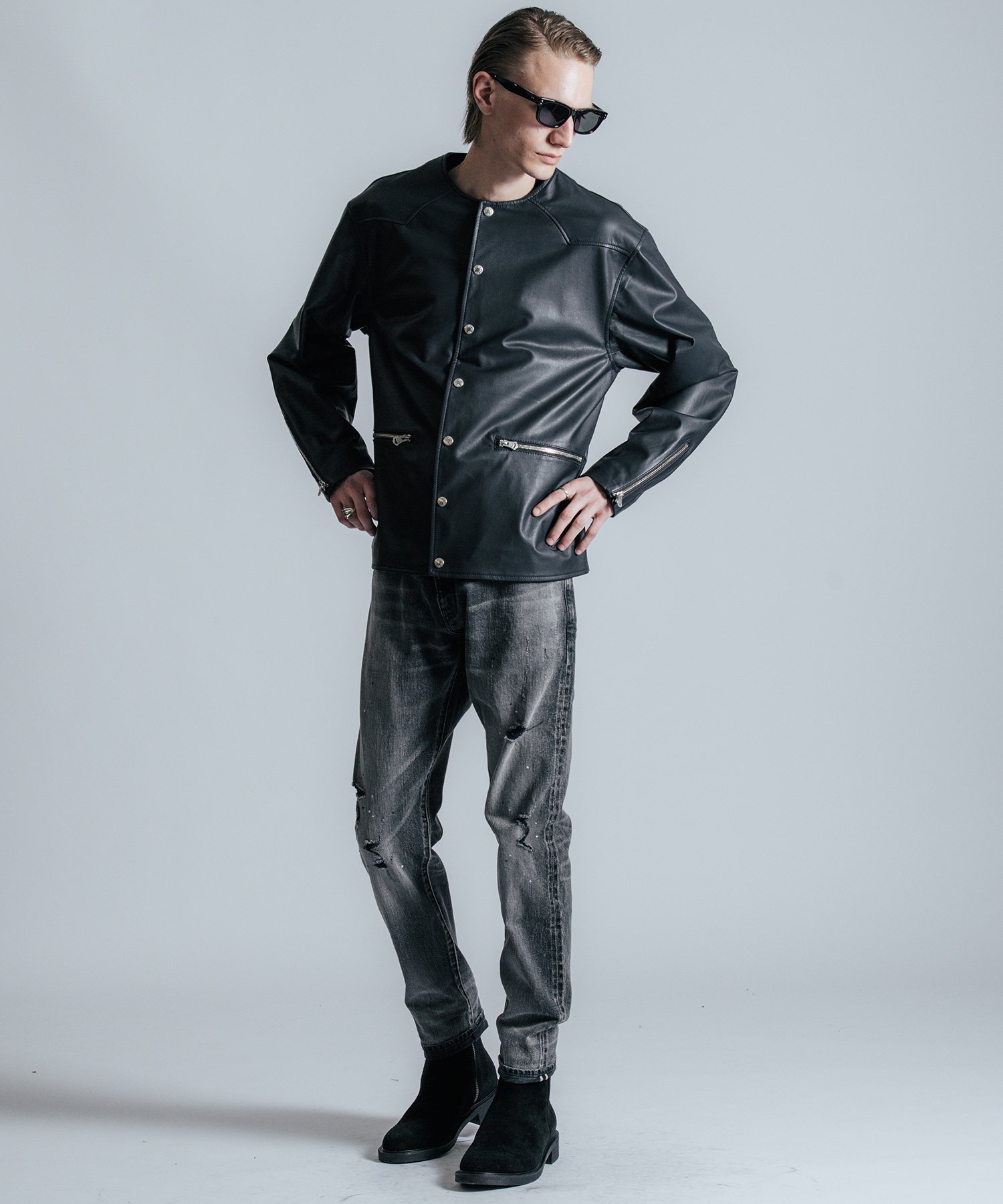 THE CRIMIE LAMB LEATHER RIDERS CARDIGAN ガーデン トップス カーディガン ブラック ネイビー