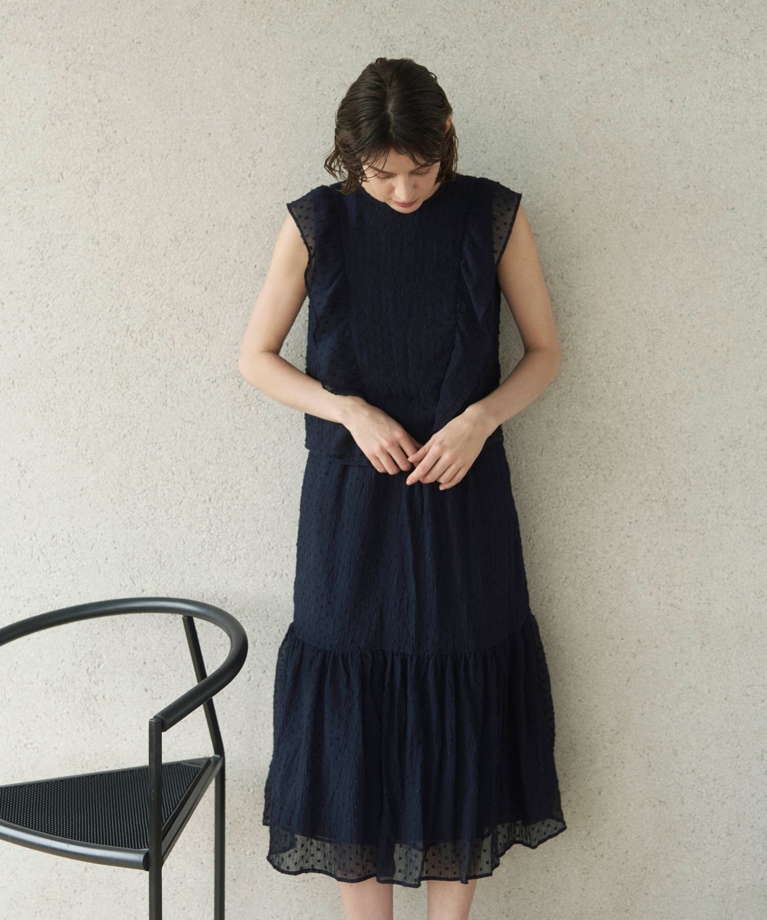Leilian シアーラッフルフリルブラウス【BOURGE】 レリアン トップス シャツ・ブラウス ネイビー ブラック