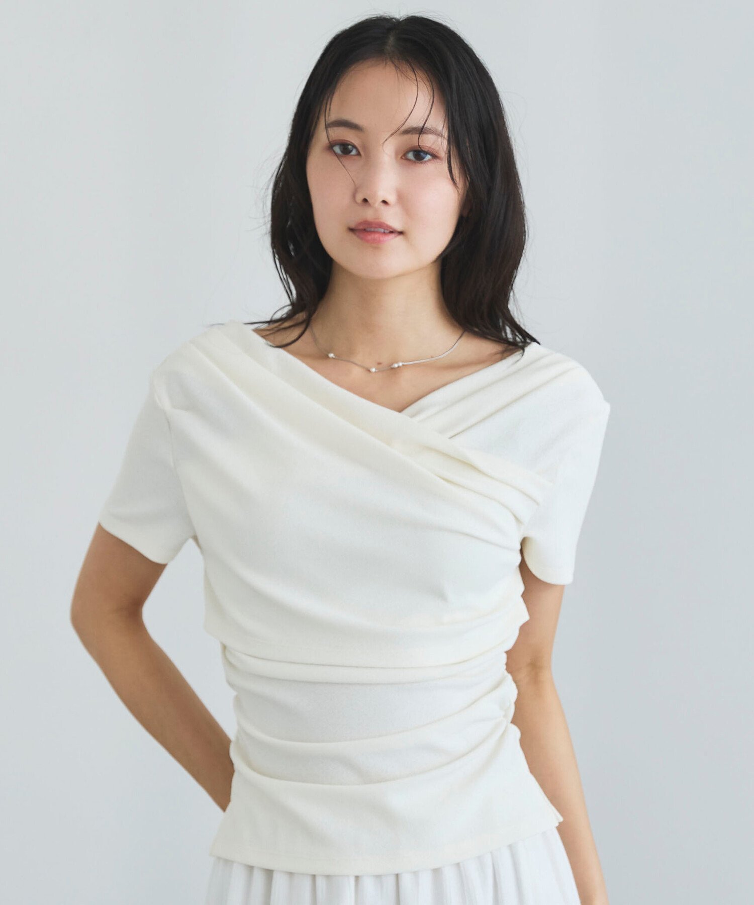【ONかわ】ハーフスリーブクロスタックドレープオフショルTOPS アルシーヴ トップス カットソー・Tシャツ ブラック ブルー ホワイト