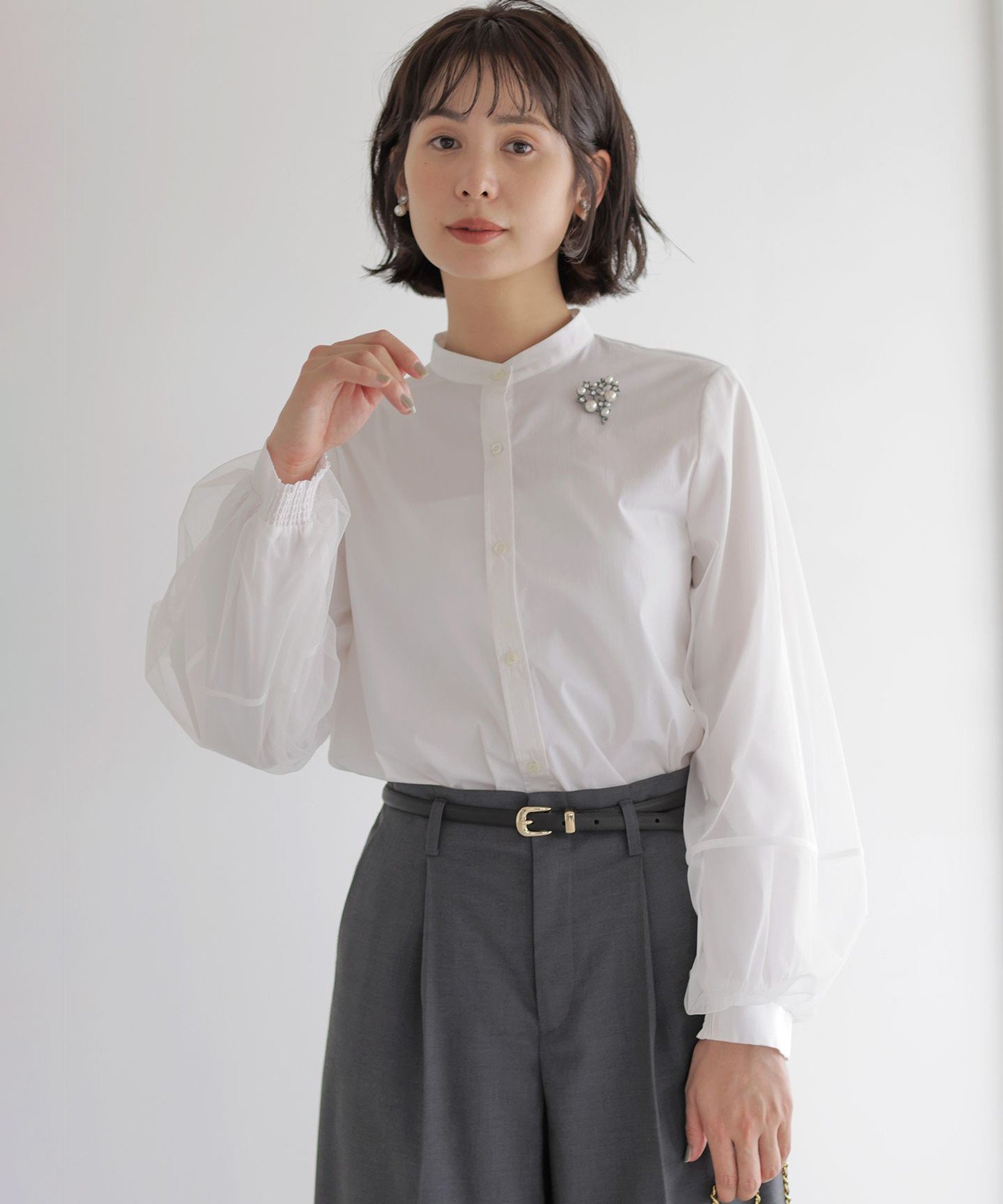組曲 L 【WEB限定】エアリーシャーティング チュールスリーブブラウス クミキョク トップス シャツ・ブラウス ブルー ホワイト