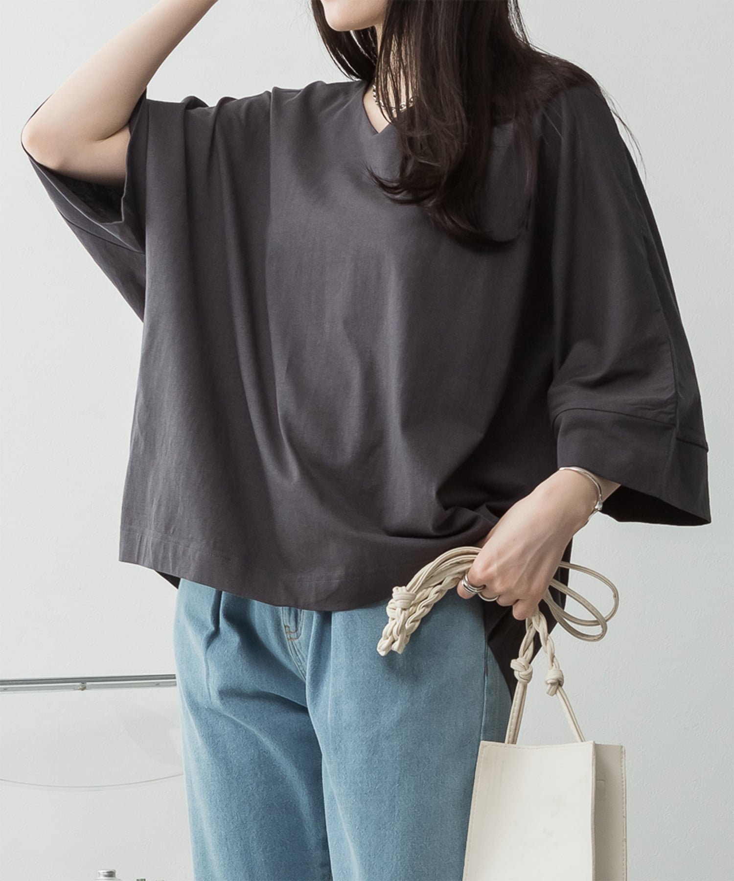 PourVous Vネック7分袖ドルマンTシャツ プールヴー トップス カットソー・Tシャツ ブラック グリーン グレー ホワイト