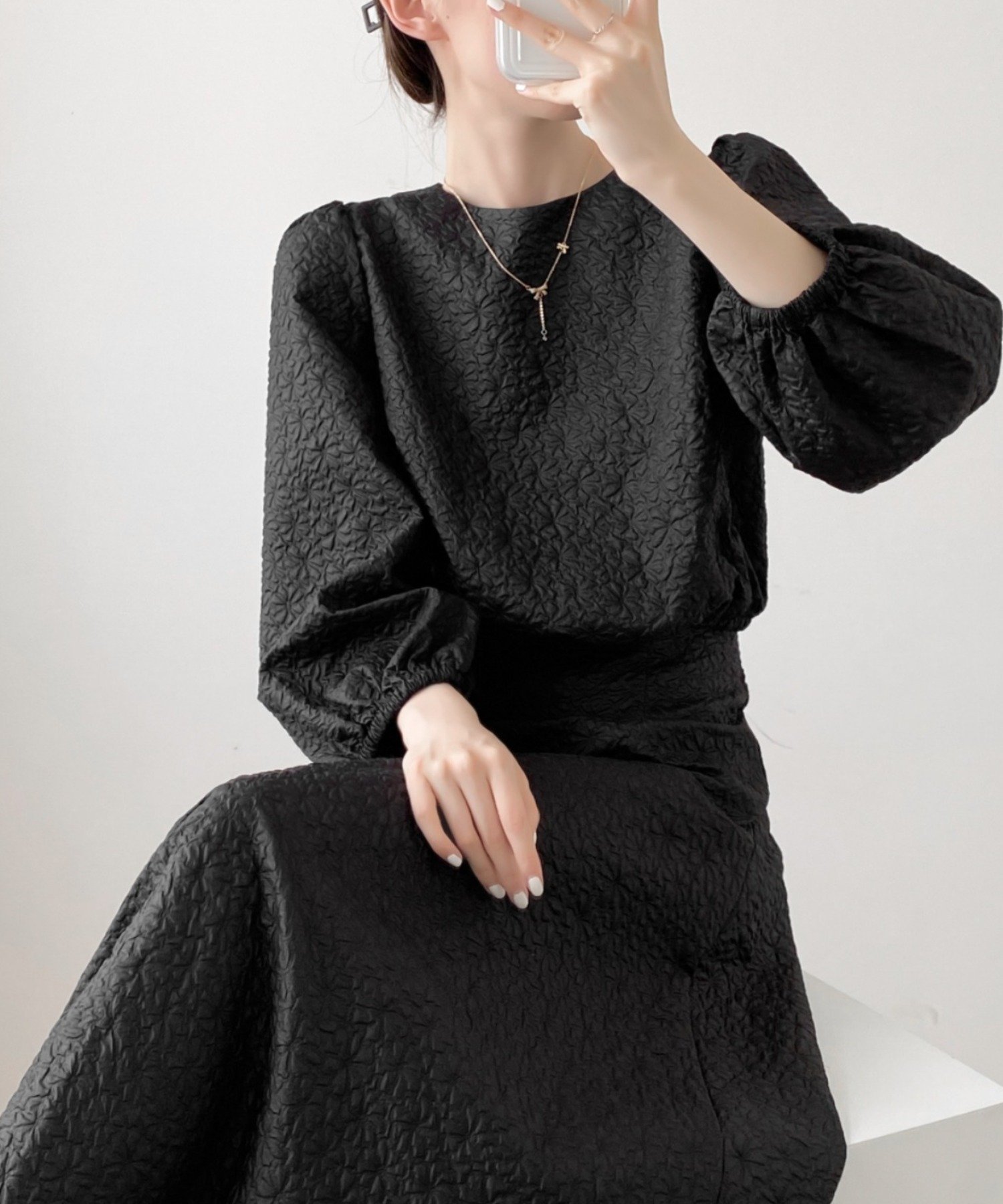 【SALE/70%OFF】ECLIN ふくれジャガードショートブラウス&ハイウエストロングスカートセットアップ バナーバレット スーツ・フォーマル セットアップスーツ ブラック ブラウン ホワイト