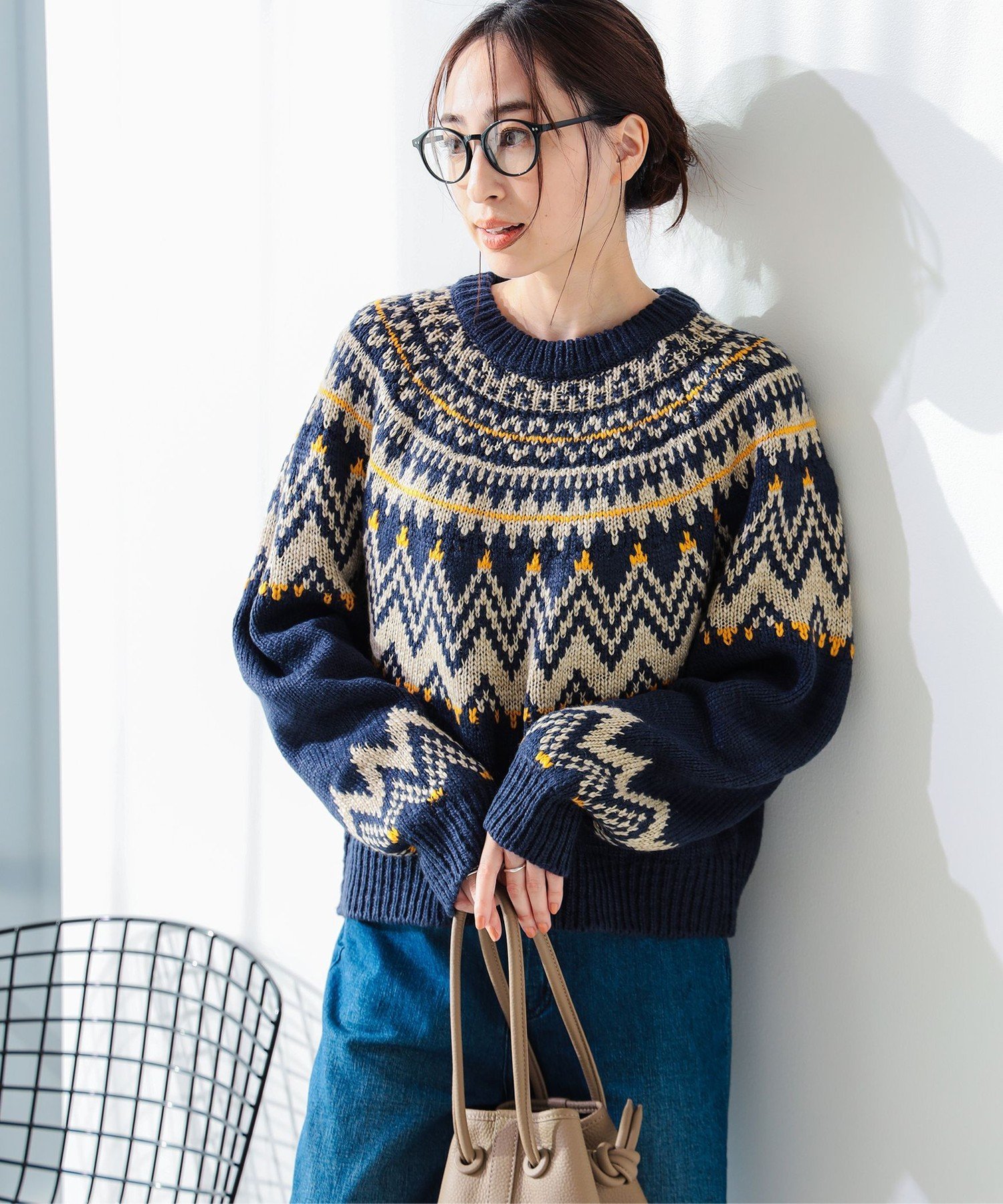 B:MING by BEAMS 求心柄 ニット ロングシーズン 24AW ビーミング ライフストア バイ ビームス トップス ニット ネイビー ホワイト【送料無料】のサムネイル