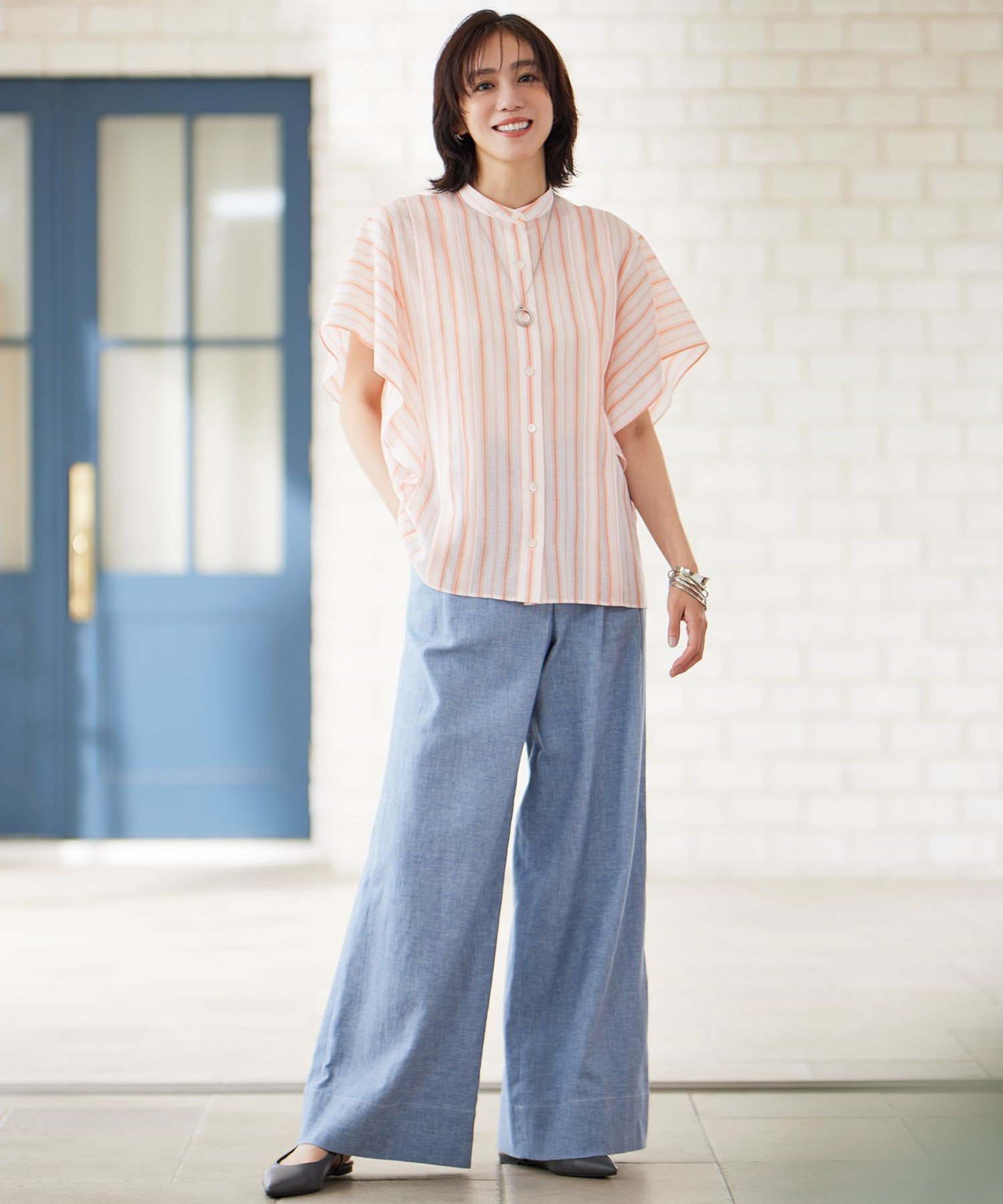 自由区 L 【洗える】コットンリネンシャンブレーワイドストレート パンツ ジユウク パンツ その他のパンツ ブルー