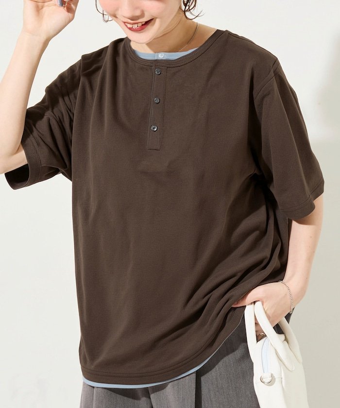 限定展開 フェイクレイヤード ヘンリーネック カットソー フリークスストア トップス カットソー・Tシャツ ネイビー グレー ブラック ブラウン
