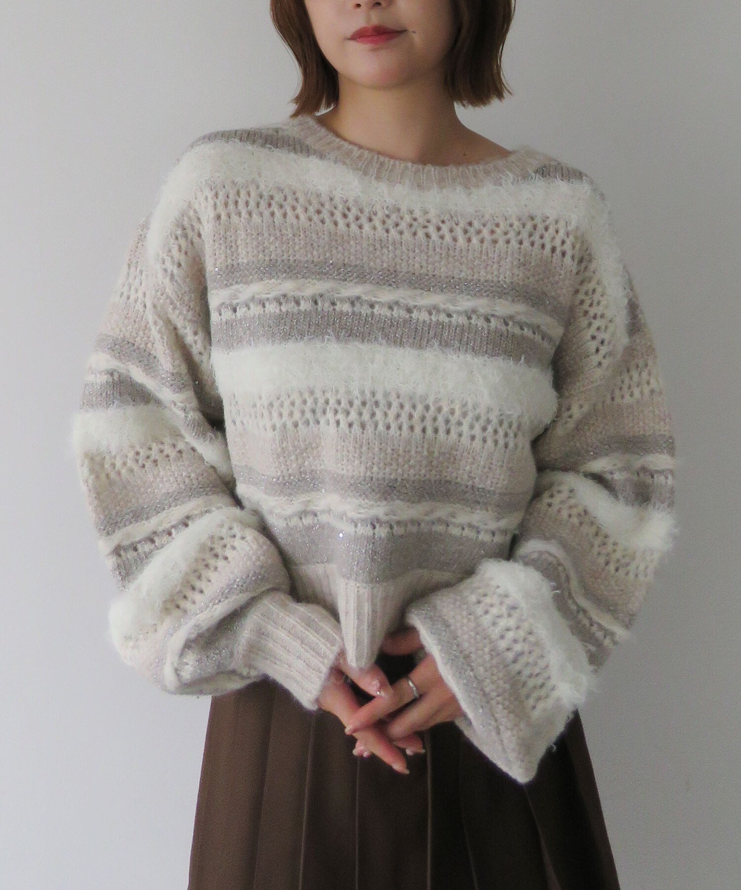 archives 異素材ボーダーメッシュニットプルオーバー アルシーヴ トップス ニット ベージュ ホワイト グレー【送料無料】(4)