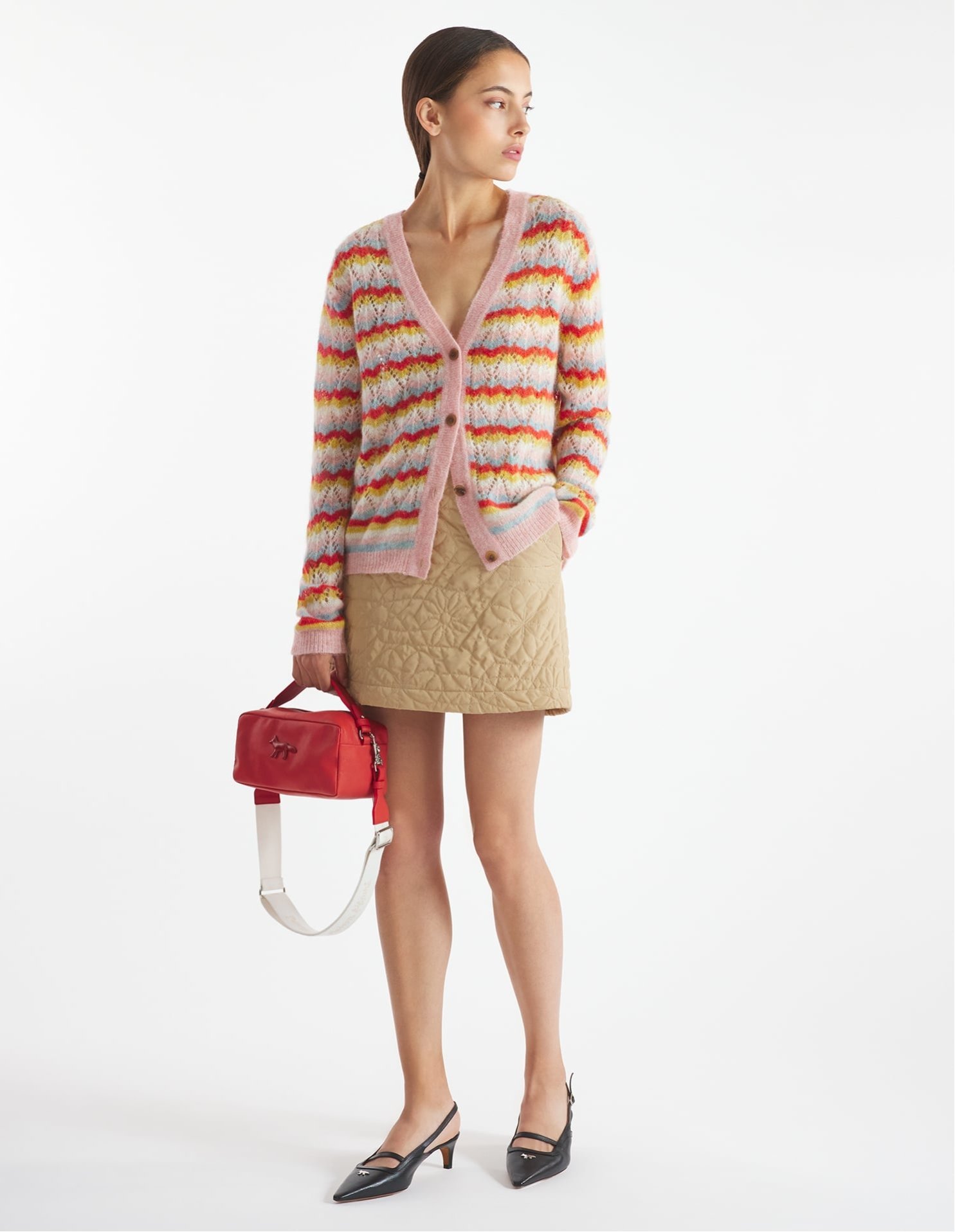 【SALE／50%OFF】Maison Kitsune Maison Kitsune/(W)【公式】Maison Kitsune STRIPED ALPACA LACE CARDIGAN メゾン キツネ アーカイブス トップス カーディガン ピンク【送料無料】