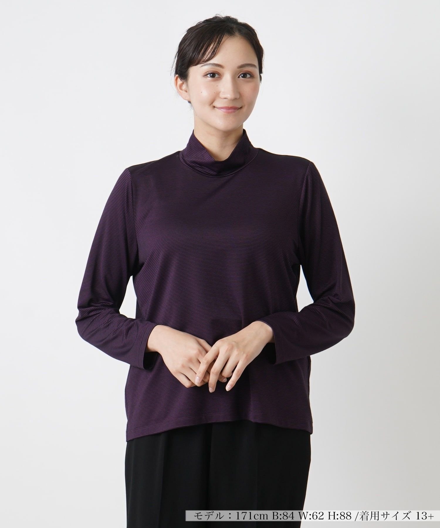 Leilian PLUS HOUSE ナローボーダーハイネックカットソー レリアン プラスハウス トップス カットソー・Tシャツ ベージュ グレー