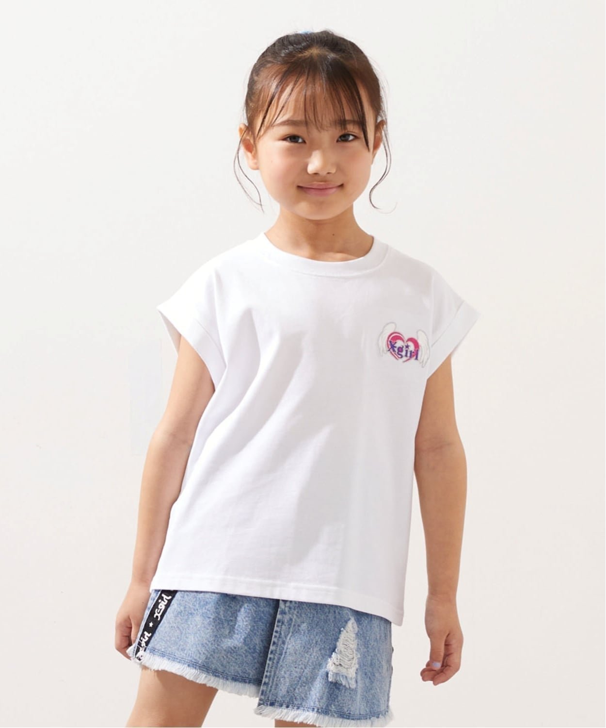 X-girl Stages ハートロゴ刺しゅう ノースリトップス ナルミヤオンライン トップス ノースリーブ タンクトップ ホワイト【送料無料】