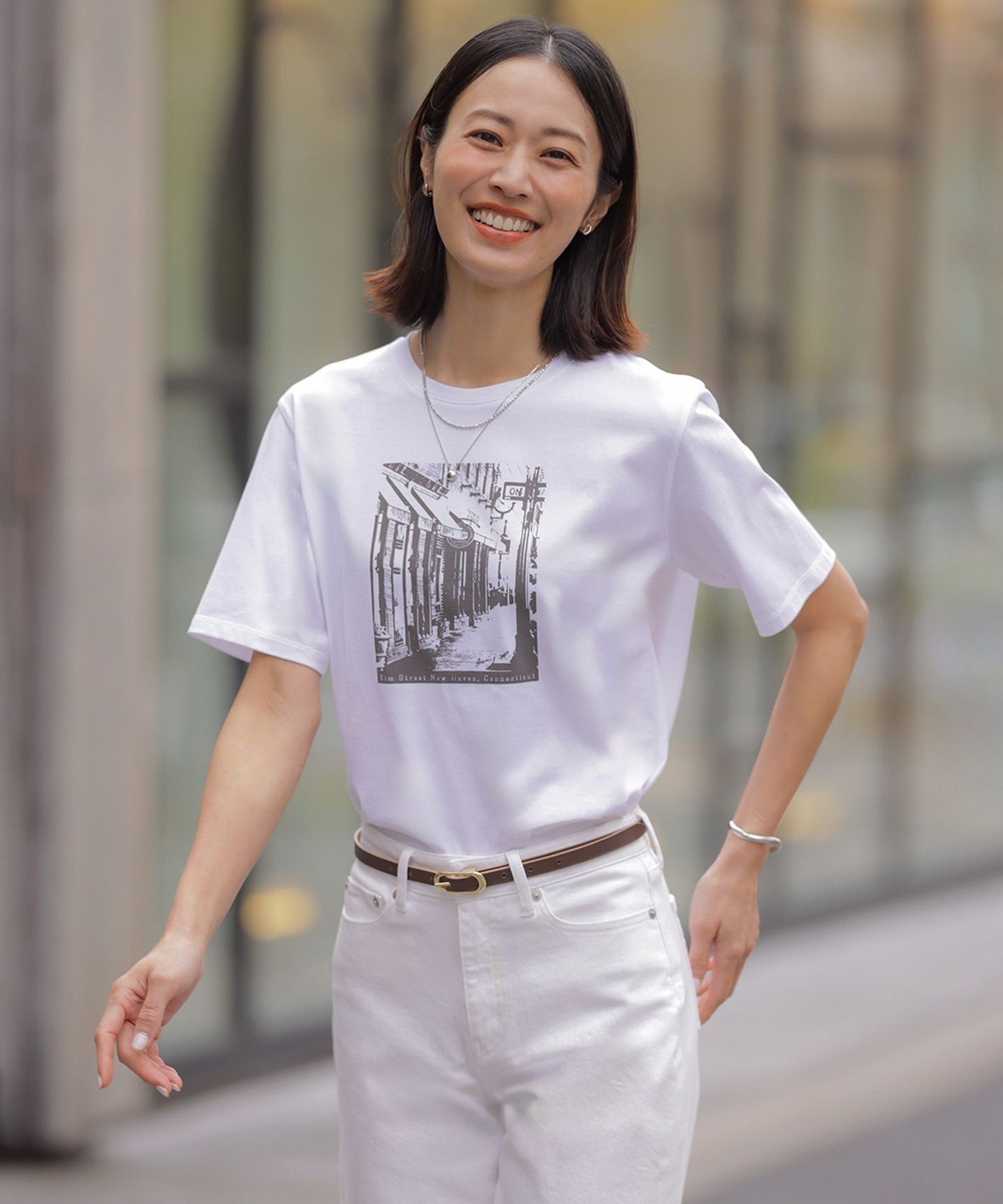 J.PRESS LADIES L プリント Tシャツ ジェイプレス トップス カットソー・Tシャツ ホワイト グレー