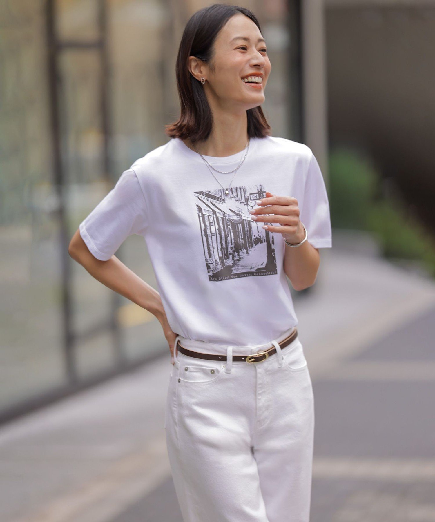 J.PRESS LADIES L プリント Tシャツ ジェイプレス トップス カットソー・Tシャツ ホワイト グレー