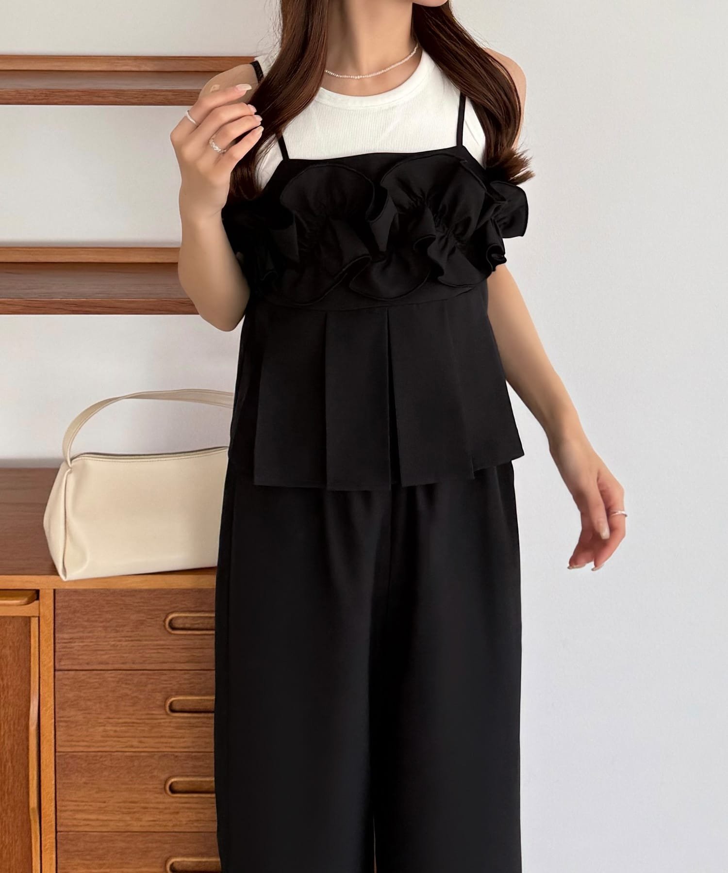 【SALE／18%OFF】JUNOAH callautia リネンライクフリルセットアップ ジュノア パンツ スラックス・ドレスパンツ グレー ブラック ベージュ ブラウン【送料無料】