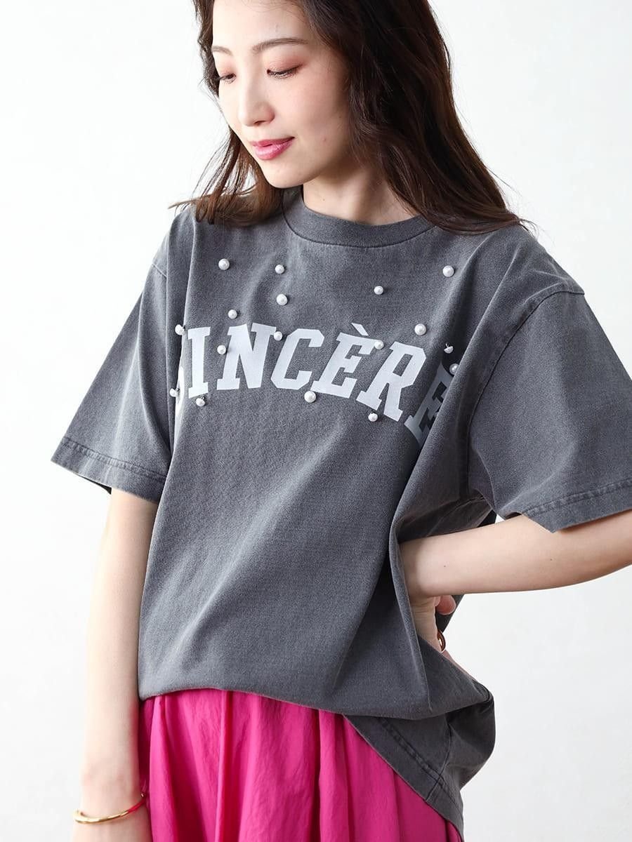 Vin パールデコロゴTシャツ ヴァン トップス カットソー・Tシャツ ピンク グレー