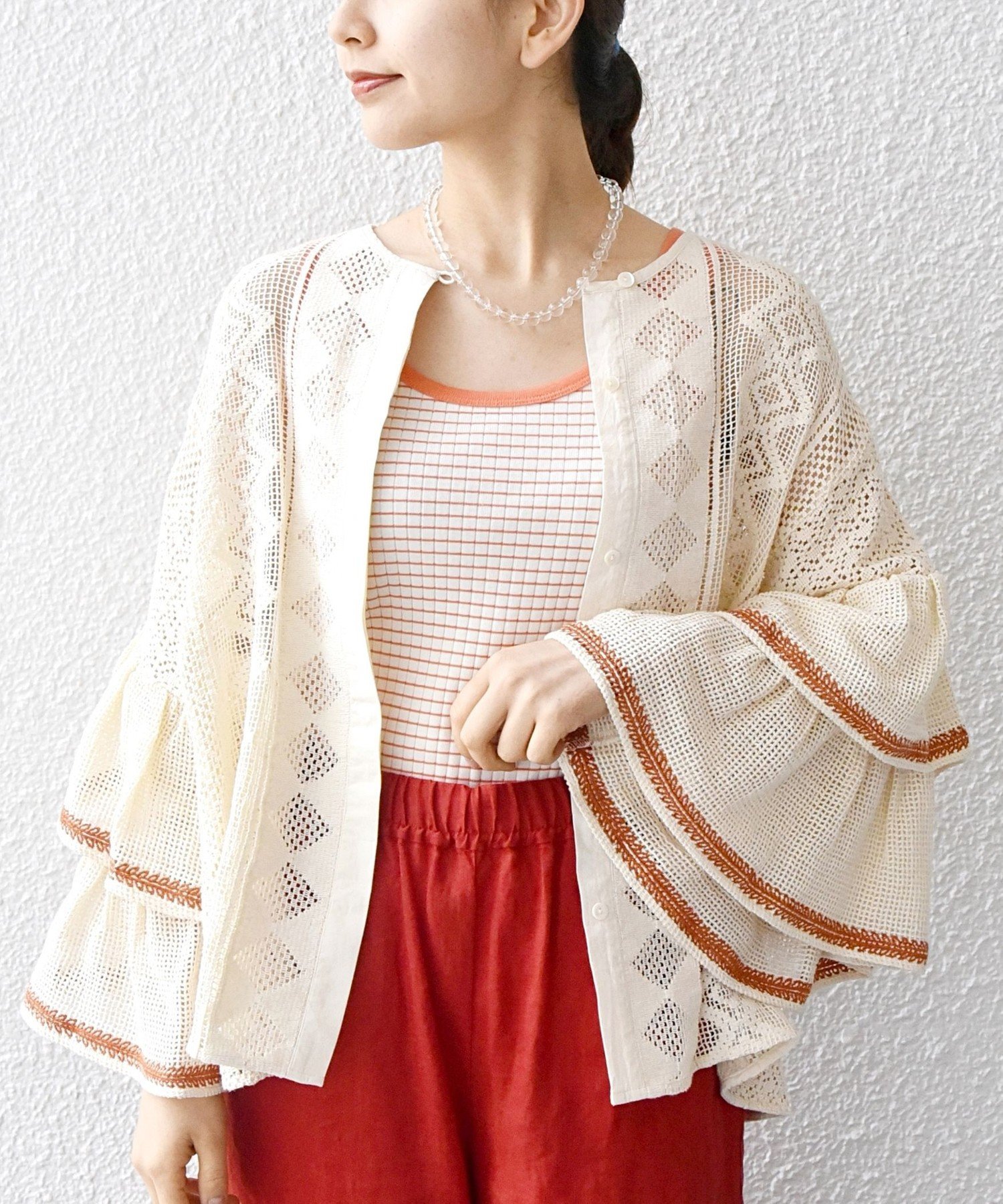 【SALE／50%OFF】SHIPS any bon_meur:＜手洗い可能＞メッシュ ボリュームスリーブ ブラウス シップス トップス シャツ・ブラウス ホワイト グリーン【送料無料】のサムネイル