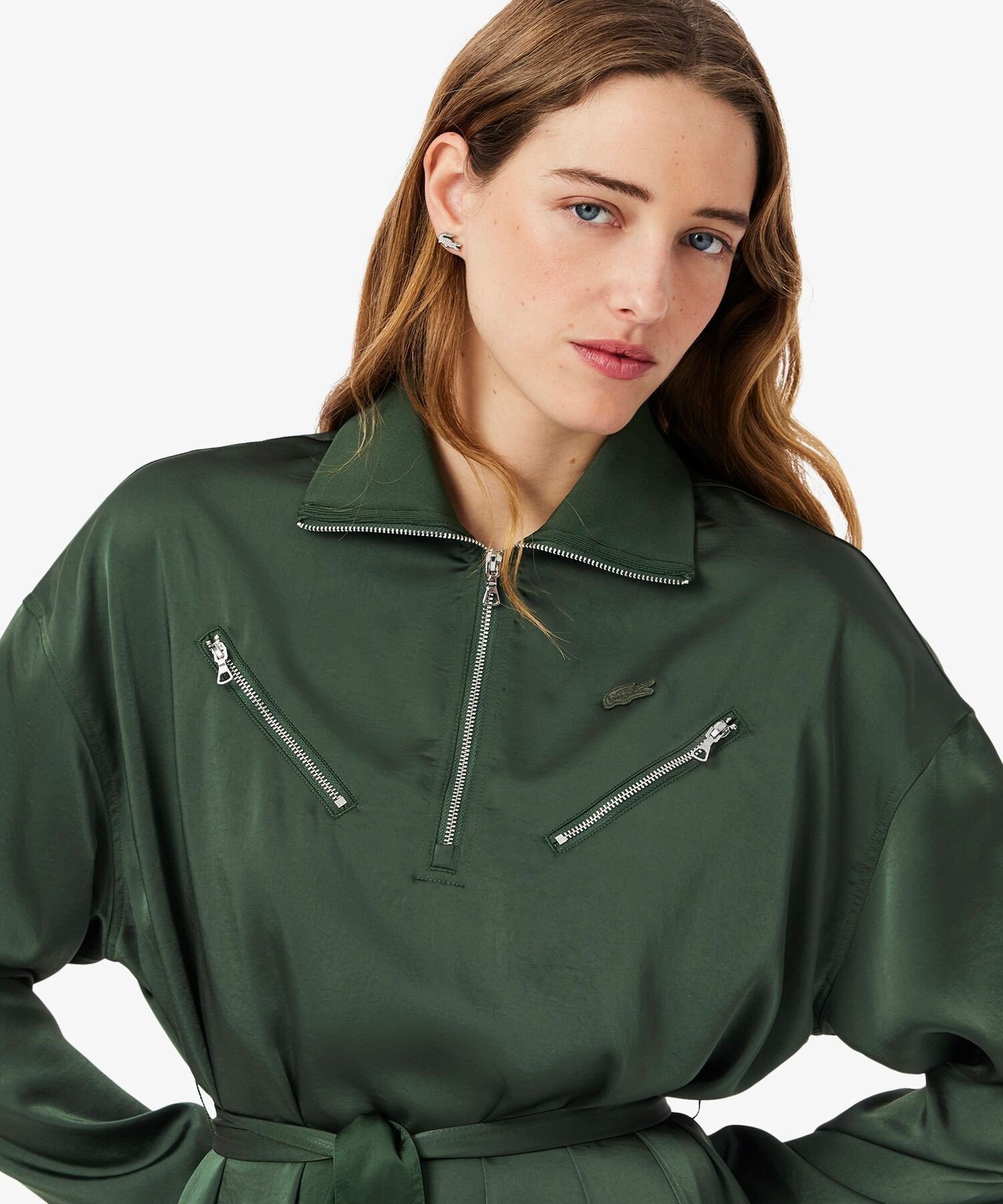 【SALE／40%OFF】LACOSTE サイドスリット シャイニーツイルロングドレス ハーフジップワンピース ラコステ ワンピース・ドレス シャツワンピース【送料無料】