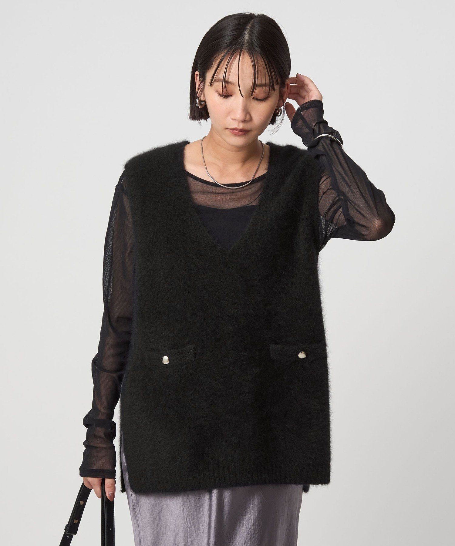 UNITED ARROWS green label relaxing ヘアリー ニット ベスト ユナイテッドアローズ グリーンレーベルリラクシング トップス ベスト・ジレ グレー ブラック【送料無料】 3