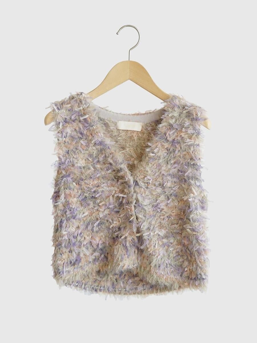 Ample リボン×シャギーニットベスト ヴァン トップス ベスト・ジレ ベージュ ブラック【送料無料】