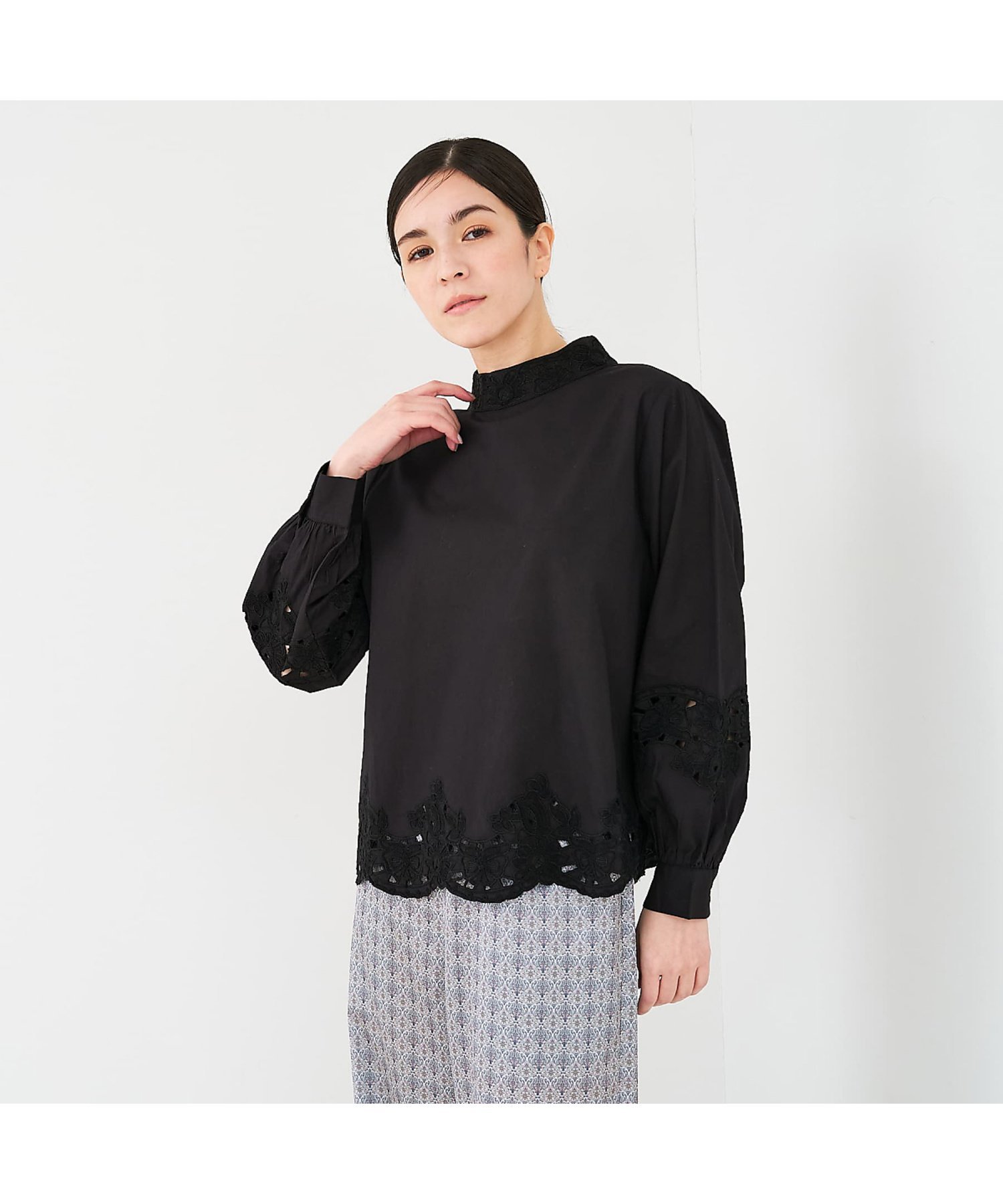 Long-Sleeved - collex レース切替スタインドカラーブラウス コレックス トップス シャツ・ブラウス ブラック ホワイト【送料無料】