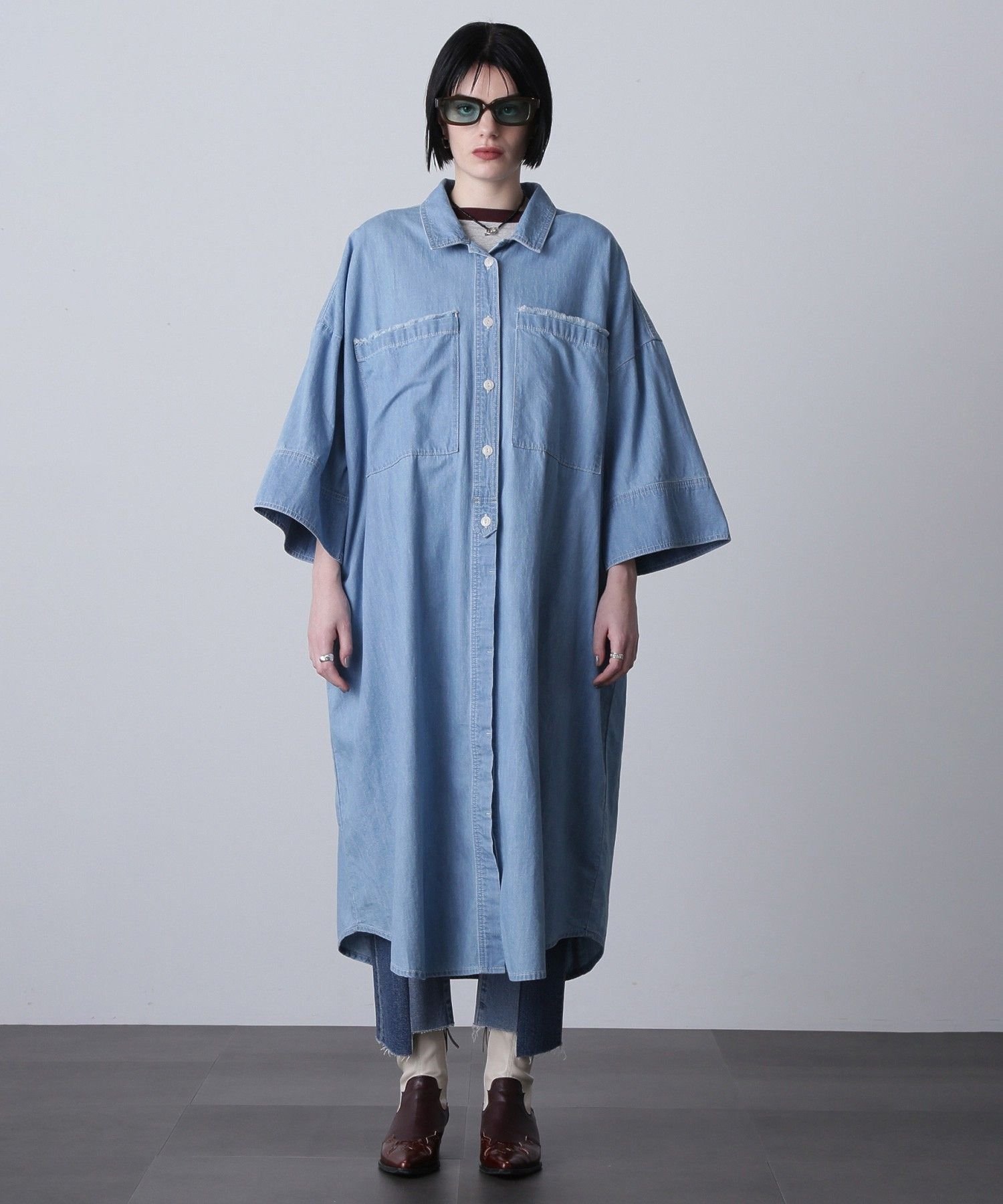 ROSE BUD FRINGEPOCKET DENIMSHIRTSDRESS ローズバッド ワンピース・ドレス その他のワンピース・ドレス ブラック ブルー