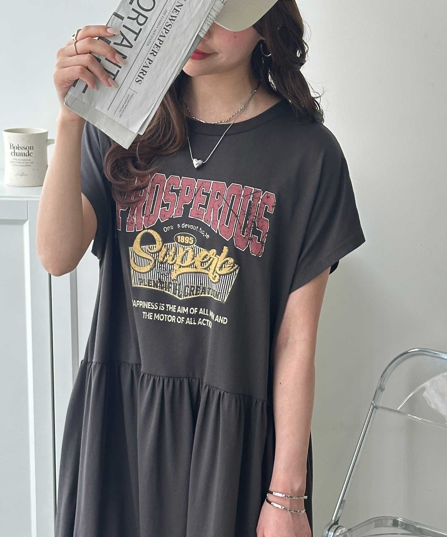 【SALE／30%OFF】GeeRA 《FIRSTMOODコラボ》ピグメント風ティアードプリントTシャツワンピース ジーラ ワンピース・ドレス ワンピース ブラック