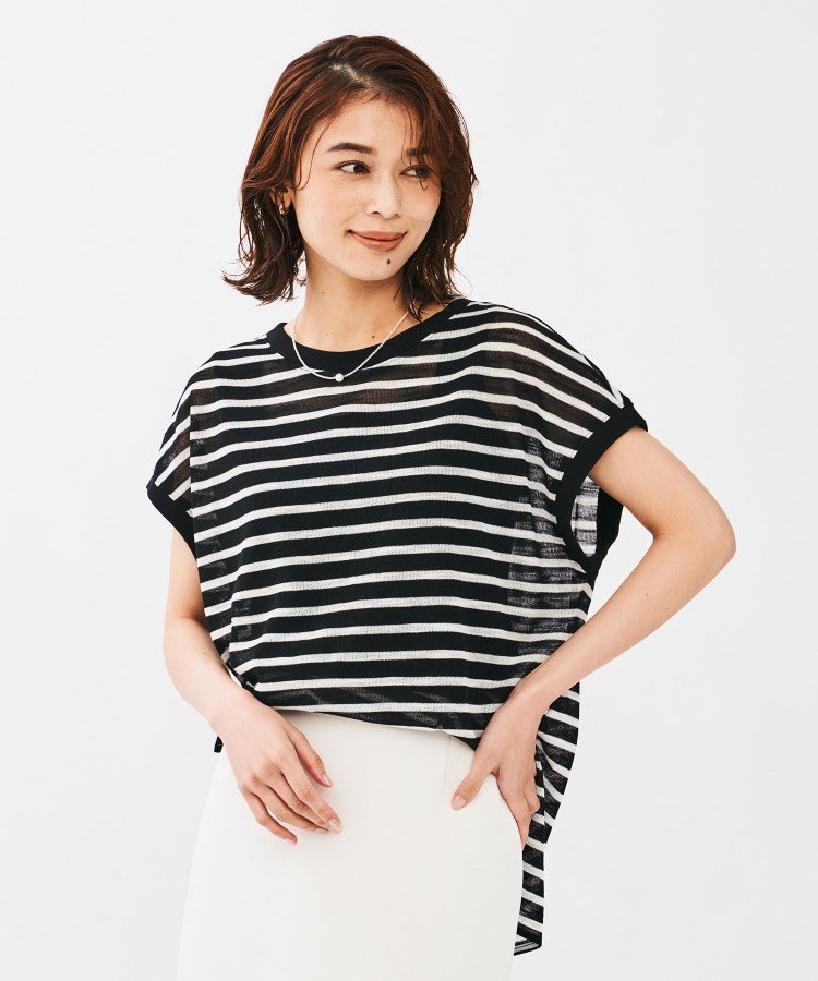 UNTITLED シアーボーダーカットソー アンタイトル トップス カットソー・Tシャツ ブラック ホワイト
