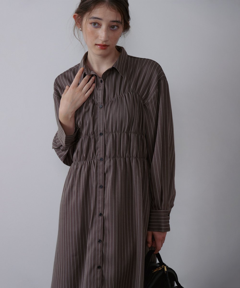 Bab 【低身長~高身長向けサイズあり】ストライプビスチェ風シャツワンピース バブ / ブージュルード ワンピース・ドレス ワンピース ブラウン グレー ホワイト【送料無料】のサムネイル
