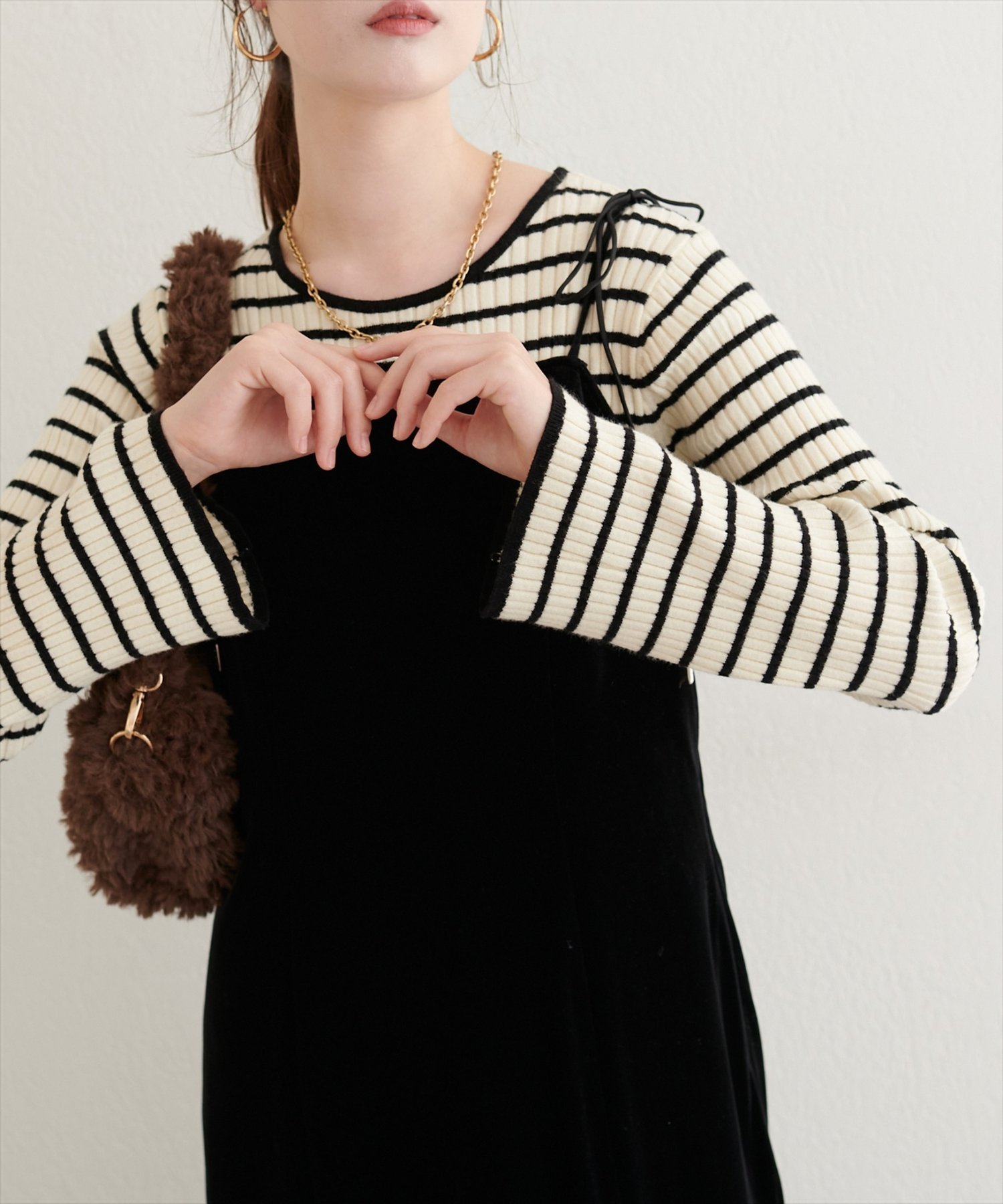 natural couture フレア袖配色リブニット ナチュラルクチュール トップス ニット グレー ブルー ピンク ホワイト【送料無料】