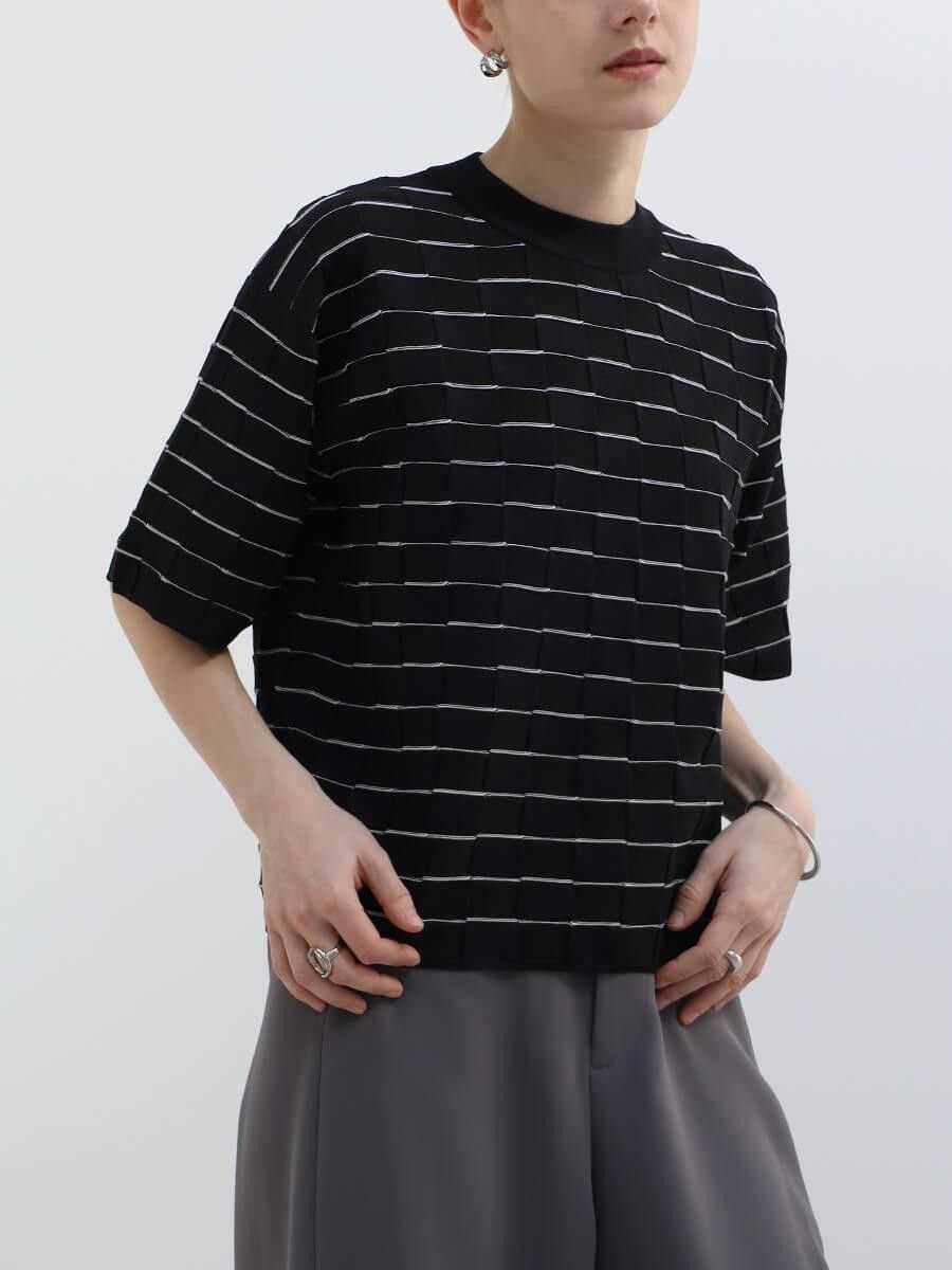 【SALE／47%OFF】Aga ブロックチェックハーフスリーブニット ラシュッド トップス ニット ホワイト ブラック【送料無料】