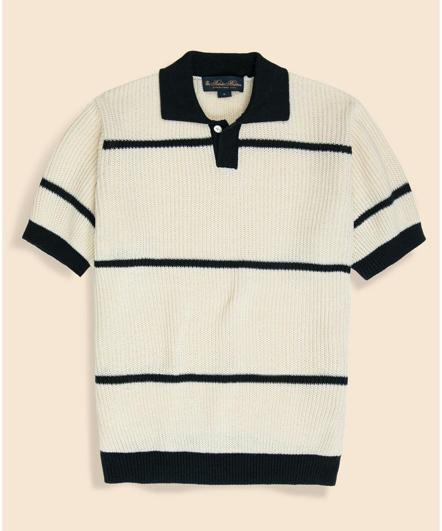 Short-Sleeve Cotton Stripe Polo Sweater: Navy / Ivory 330001083