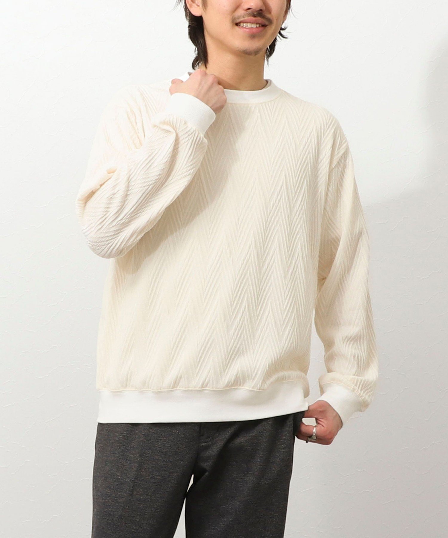 【SALE／40%OFF】NOLLEY'S LIGHT ヘリンボン柄ジャガードスウェット ノーリーズ トップス カットソー・Tシャツ ネイビー ホワイト【送料無料】