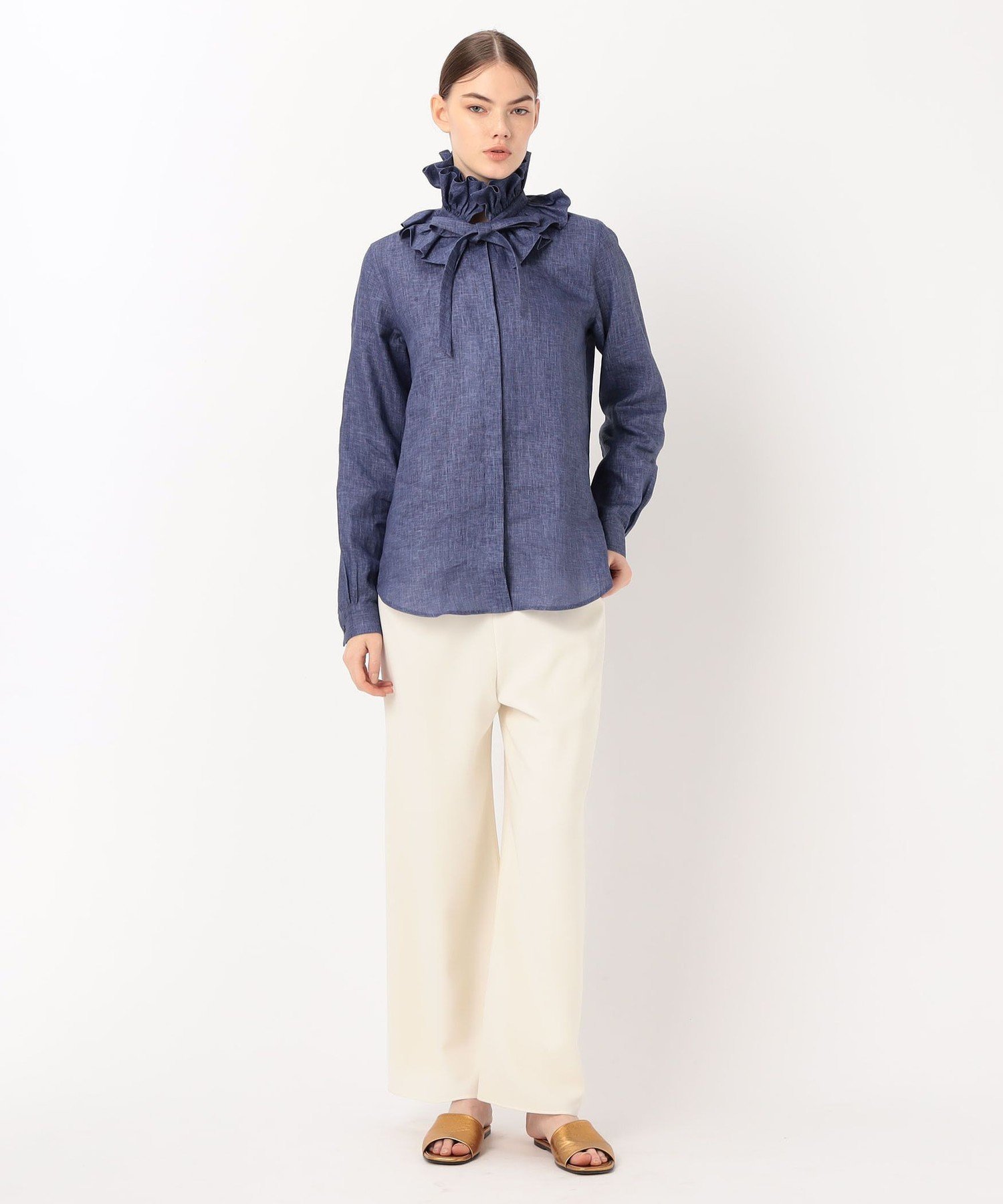 TOMORROWLAND BUYING WEAR BOURRIENNE PASTEL リネン ラッフルカラーシャツ トゥモローランド トップス シャツ・ブラウス ネイビー【送料無料】