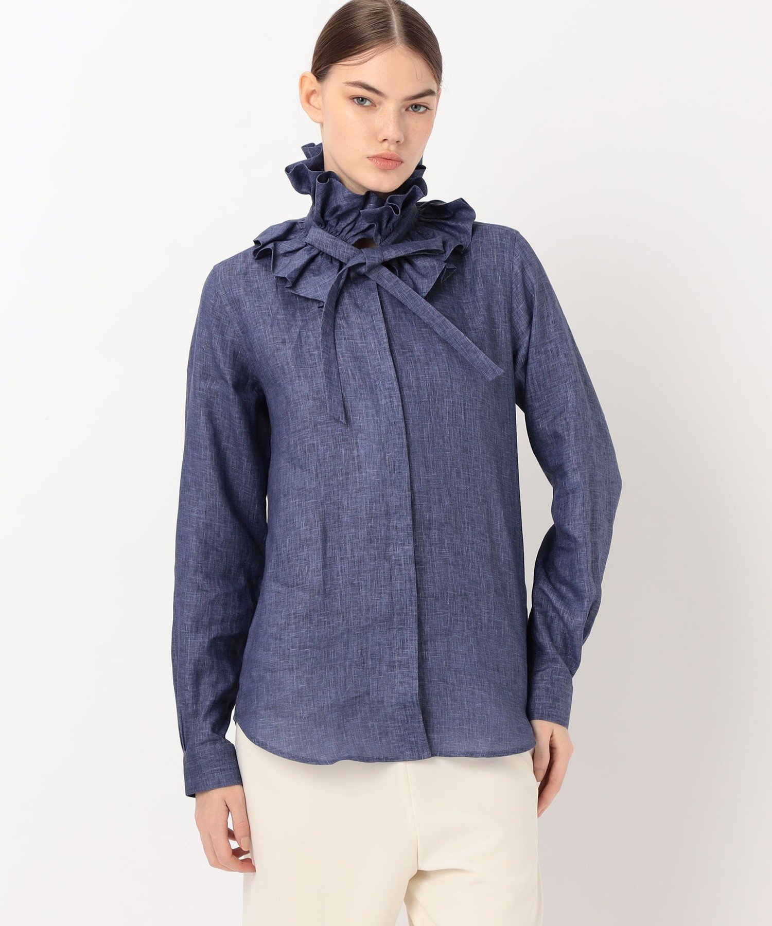 TOMORROWLAND BUYING WEAR BOURRIENNE PASTEL リネン ラッフルカラーシャツ トゥモローランド トップス シャツ・ブラウス ネイビー【送料無料】