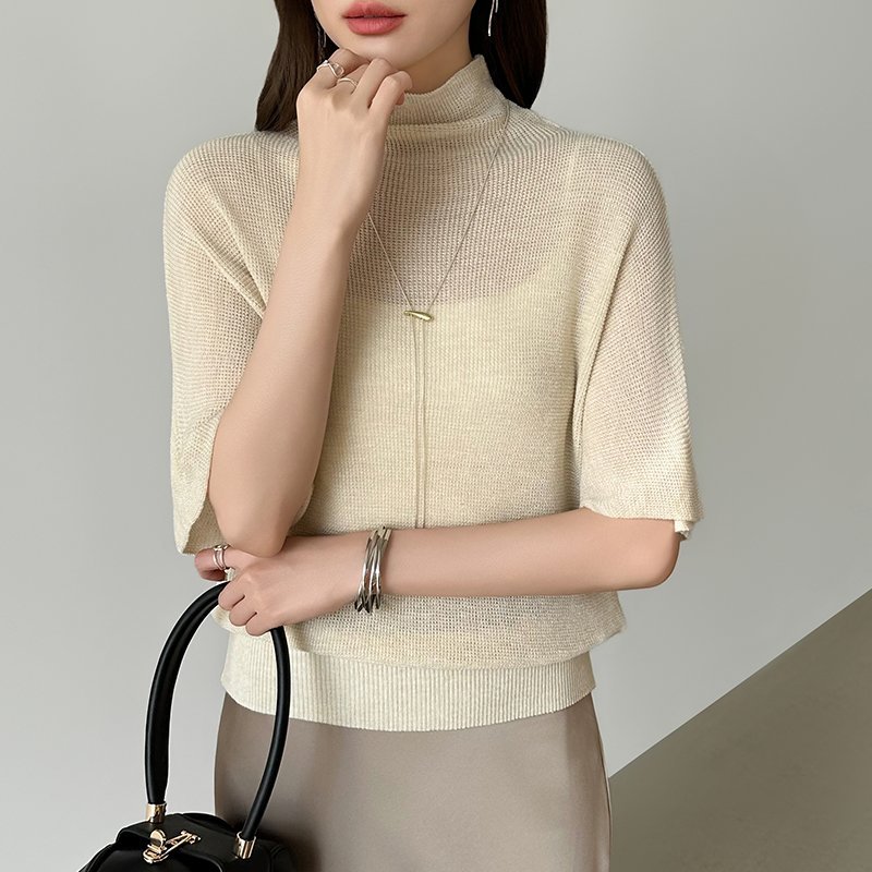 【SALE／25%OFF】COCOMOMO 毎日に寄り添うサマーニット ハイネックニット シアーニット サマーニット ココモモ トップス ニット ブラウン ベージュ ブラック