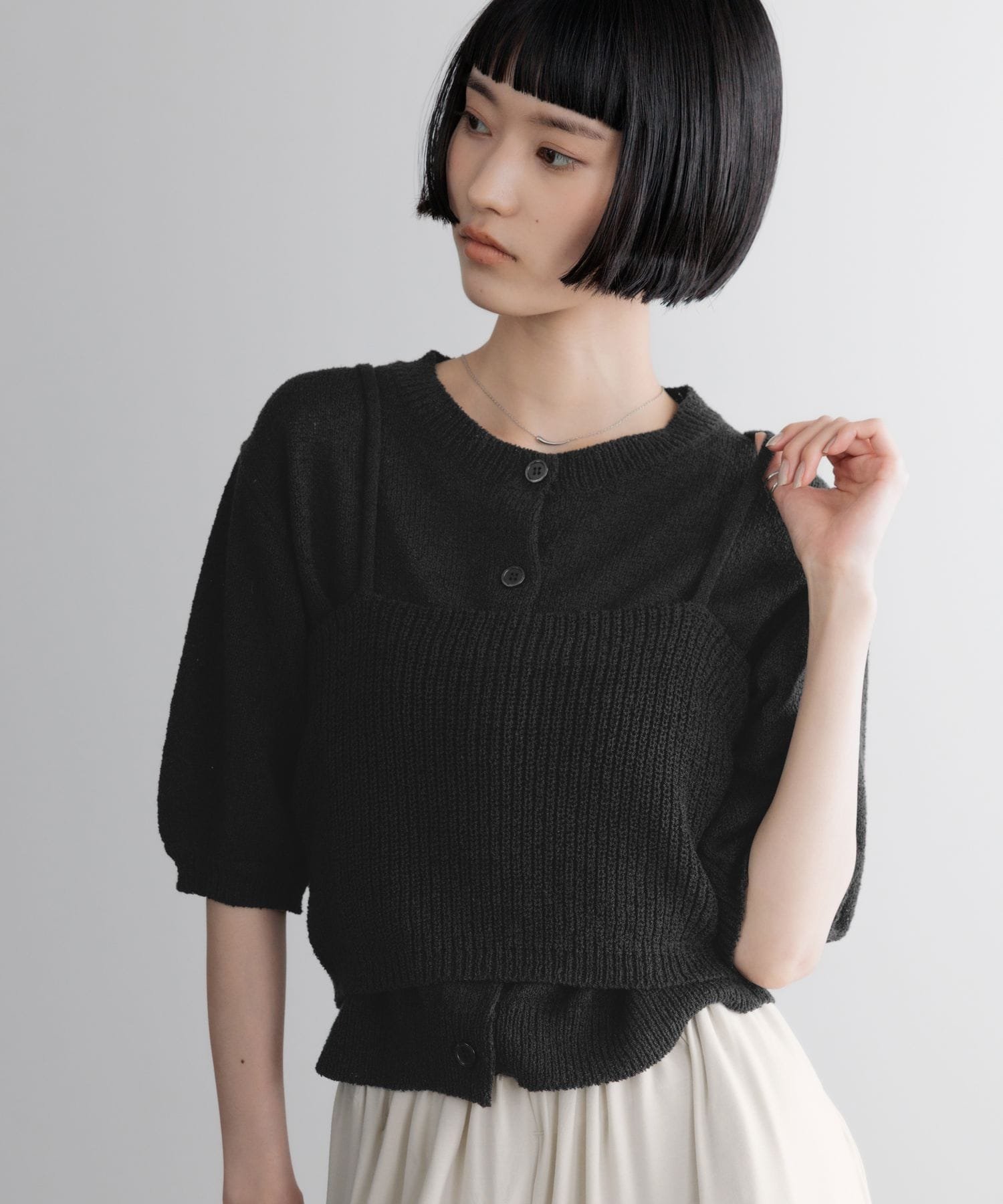 LOWRYS FARM メランジ2PセットカーディガンSS ローリーズファーム トップス ニット イエロー ブラック グレー