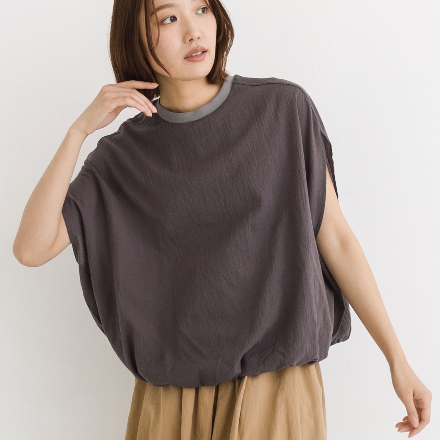 kermu ひんやり 接触冷感 ラフィー天竺 異素材コンビ バルーンTシャツ ケルム トップス カットソー・Tシャツ グレー ベージュ
