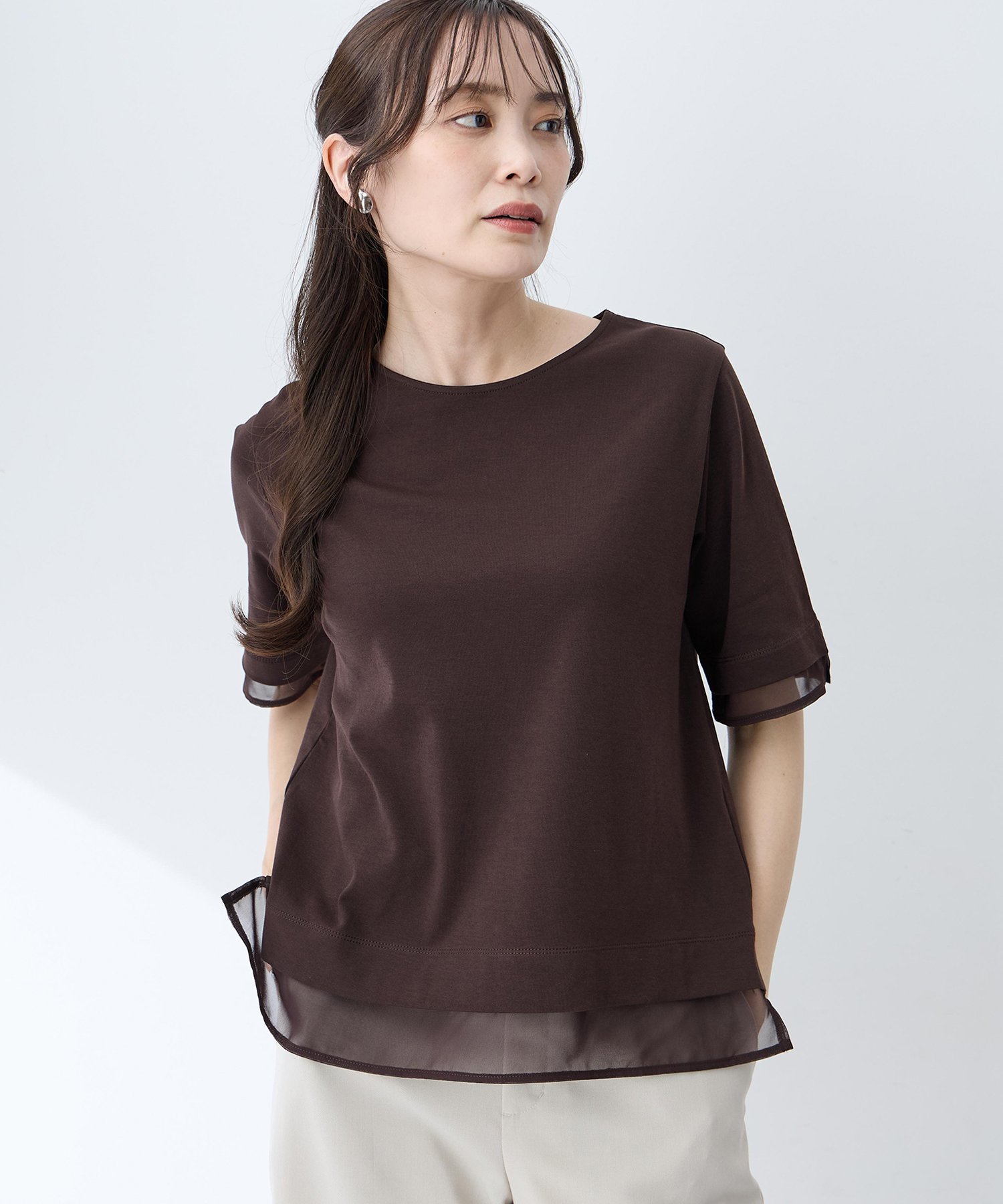 シフォンドッキングTシャツ【接触冷感・UVカット】 エーシーデザインバイアルファキュービック トップス カットソー・Tシャツ ネイビー ブラウン