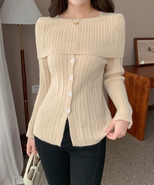 【SALE／21%OFF】emi+ レイヤード風オフショルニットカーディガン エミプラス トップス カーディガン ブラウン ホワイト グレー ブラック ベージュ【送料無料】