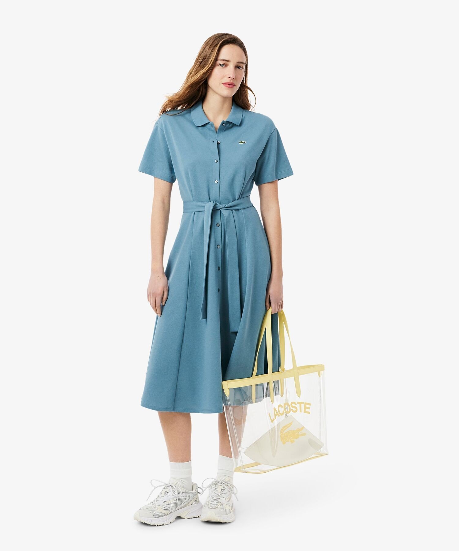 鹿の子地シャツドレス ドレープフレアワンピース ラコステ ワンピース・ドレス シャツワンピース ブルー イエロー ネイビー
