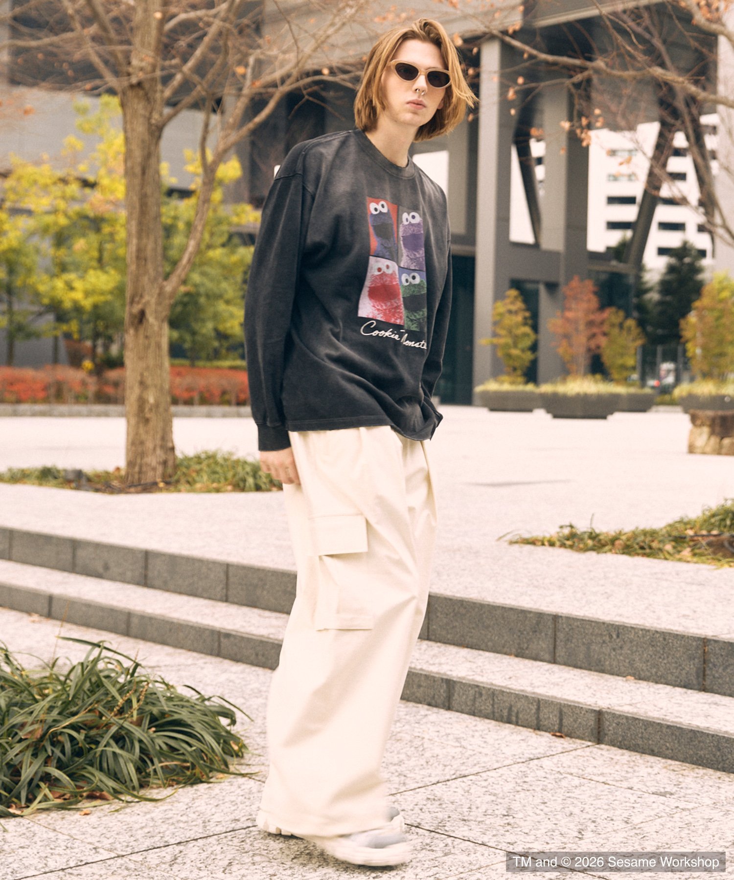MAISON SPECIAL 「SESAME STREET」- Cookie Monster - Prime-Over Crew Neck Long Sleeve T-Shirt メゾンスペシャル トップス カットソー・Tシャツ ブラック ネイビー【送料無料】