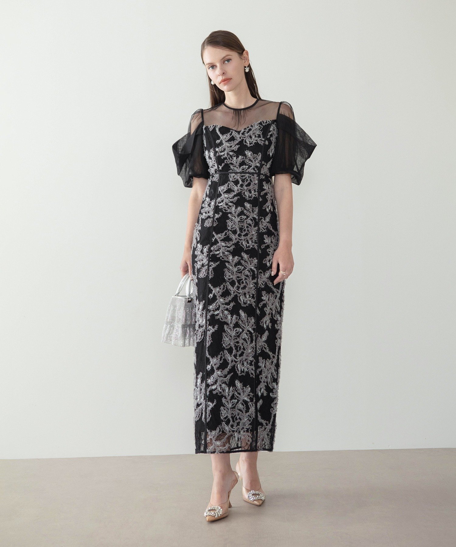 Leja ラメシャギーフラワーシアースリーブIラインワンピースドレス結婚式 レジャ ワンピース・ドレス ドレス ブラック【送料無料】（楽天・Rakuten Fashion）
