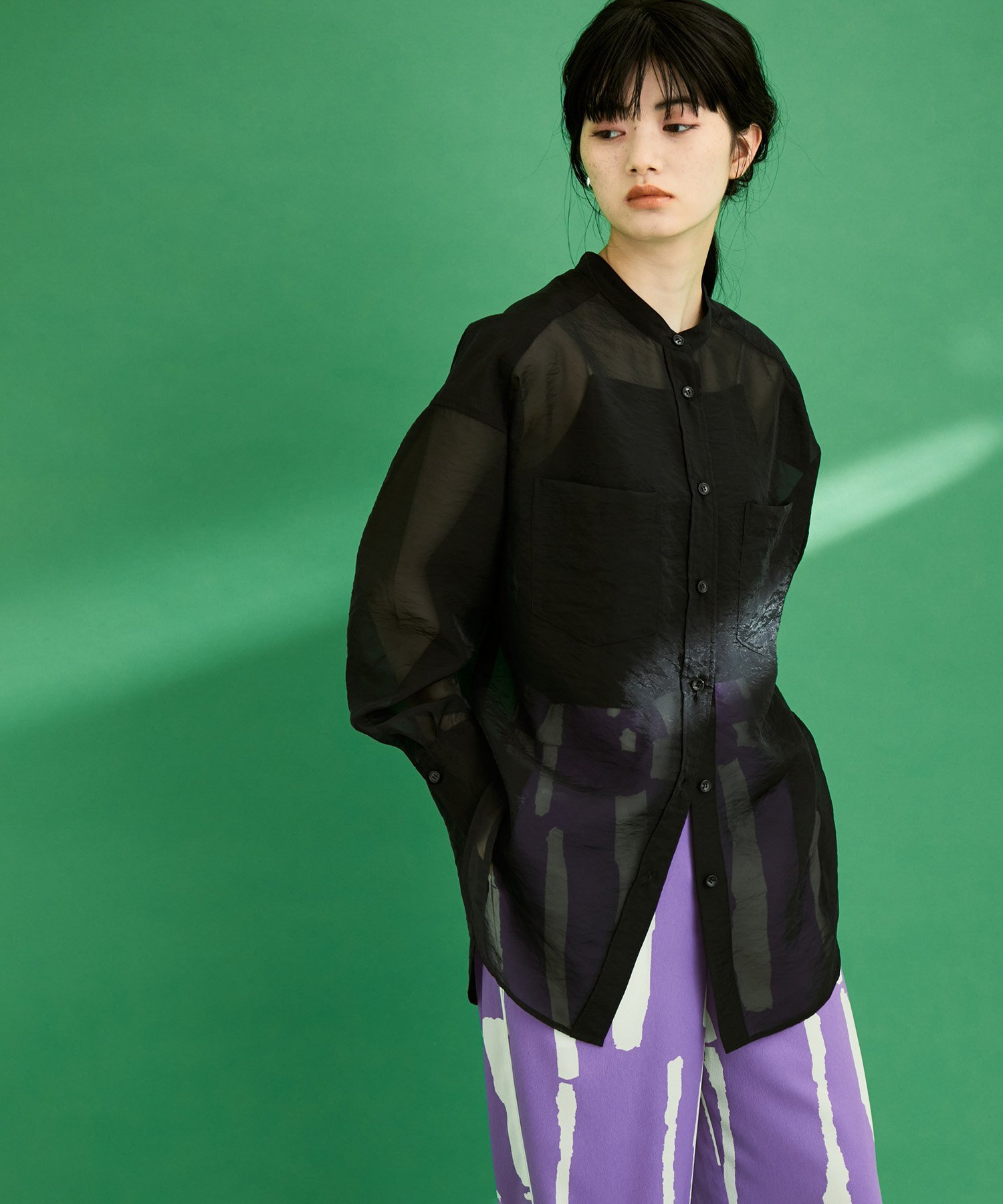 【SALE／20%OFF】ADAM ET ROPE' FEMME ＜追加＞バンドカラーシアーシャツ アダムエロペ トップス シャツ・ブラウス ブラック ホワイト ピンク【送料無料】のサムネイル