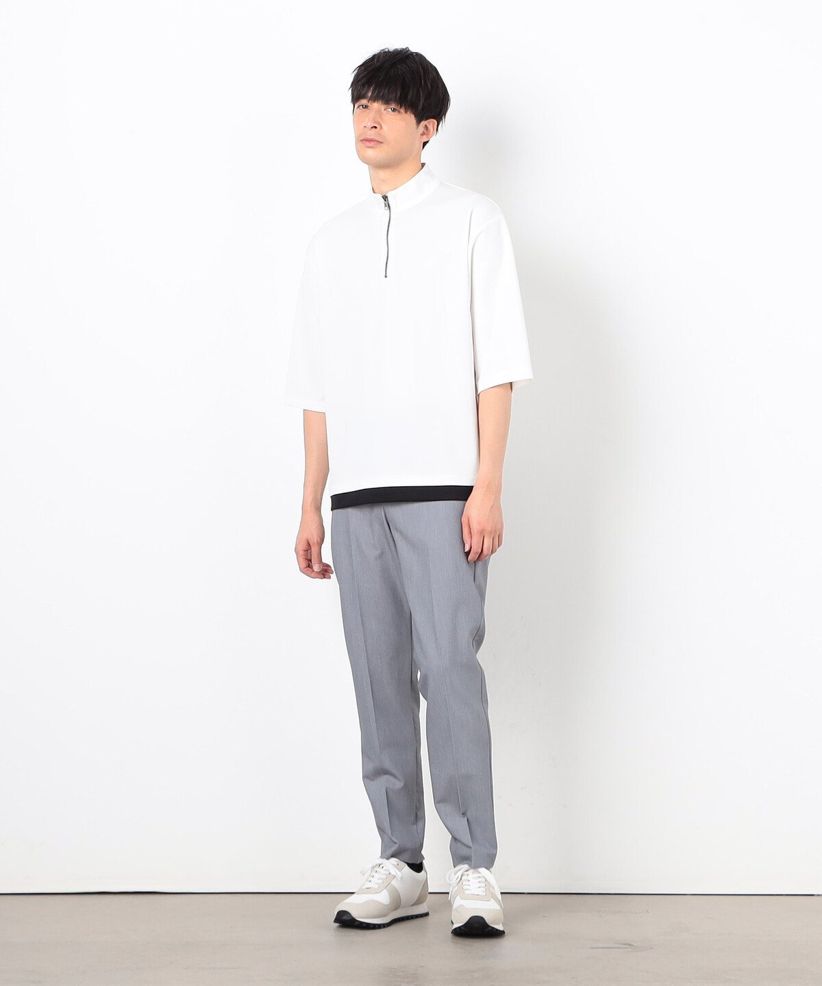 【SALE／50%OFF】COMME CA ISM 七分袖 フェイクレイヤード ハーフジップTシャツ コムサイズム トップス カットソー・Tシャツ ブラック ホワイト