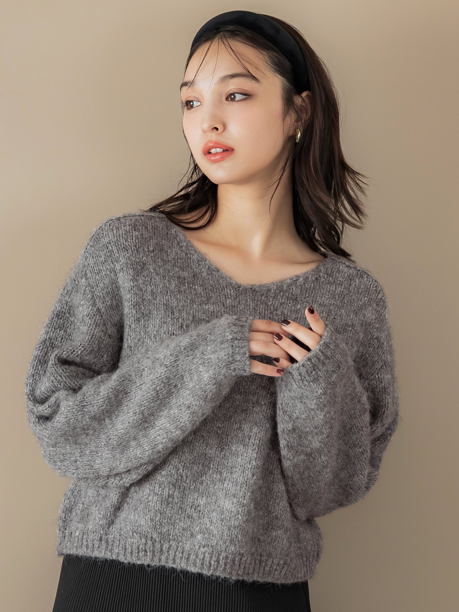 coca Vネックニットトップス コカ トップス ニット ピンク グレーのサムネイル