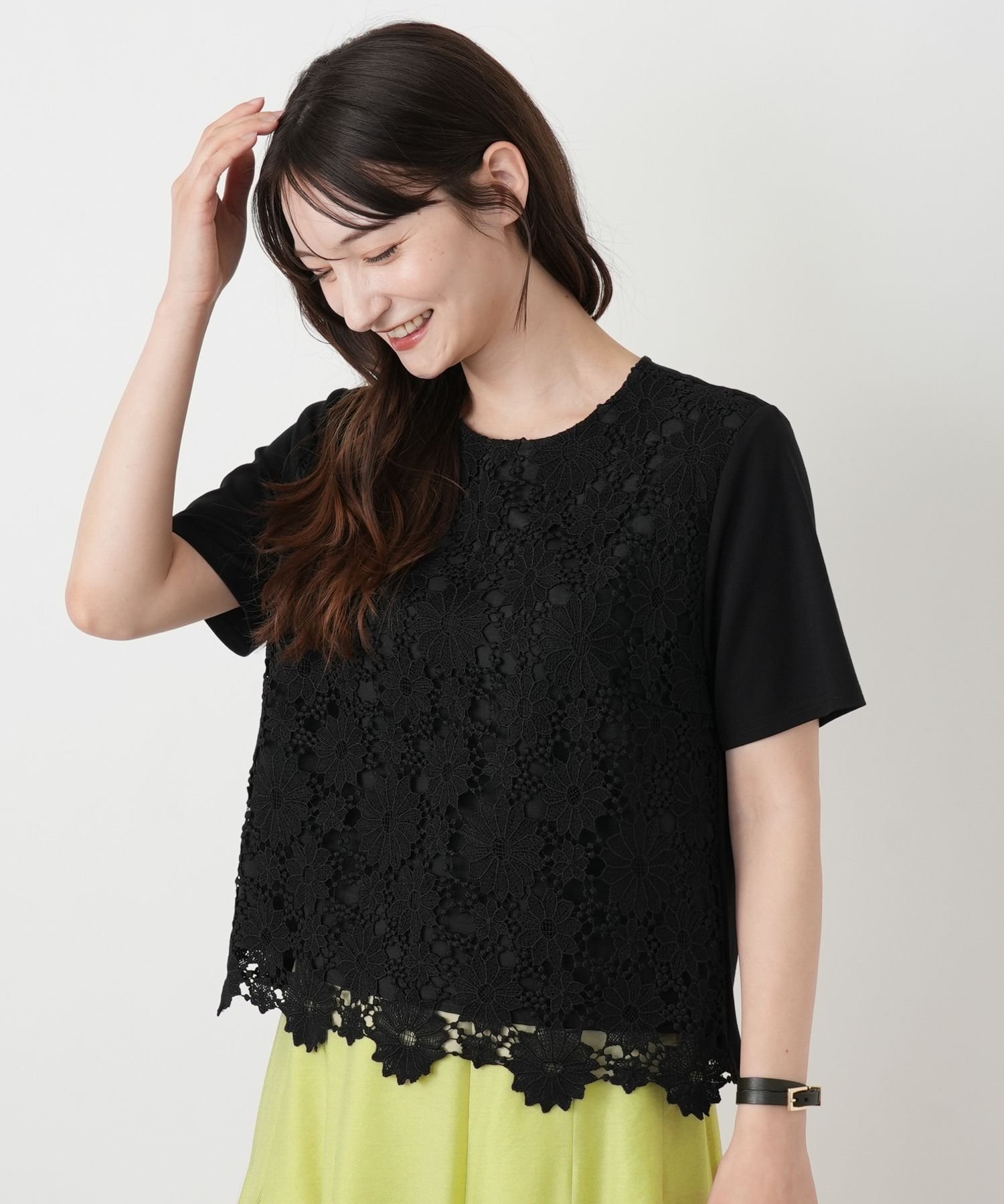 Leilian レース切替クルーネックカットソー【Leilian WHITE LABEL】 レリアン トップス カットソー・Tシャツ ホワイト ブラック